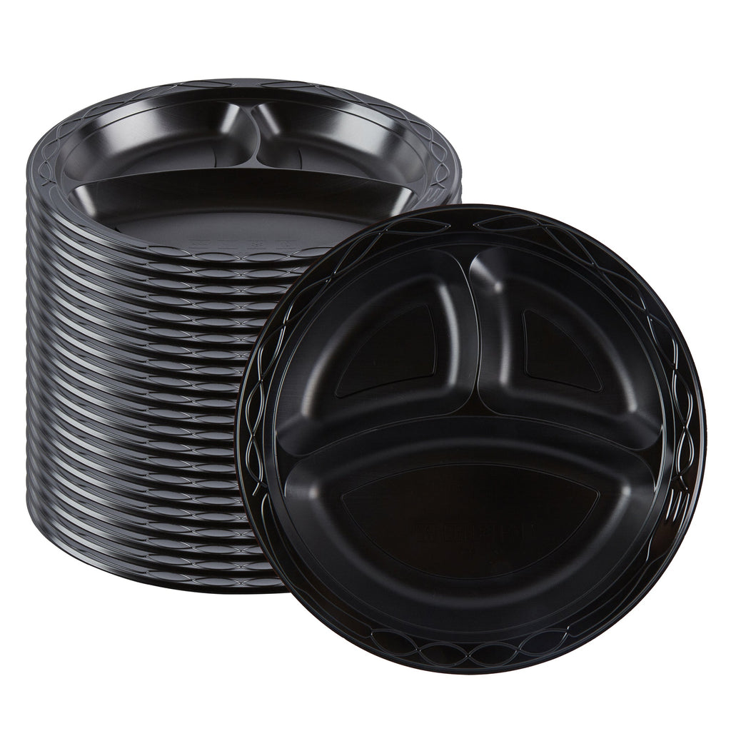 Chef 101 Round Black Plastic Plate - 3 Compartments, Microwavable - 10 1/4" x 10 1/4" x 1" - 100 count box