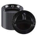 Chef 101 Round Black Plastic Plate - 3 Compartments, Microwavable - 10 1/4" x 10 1/4" x 1" - 50 count box