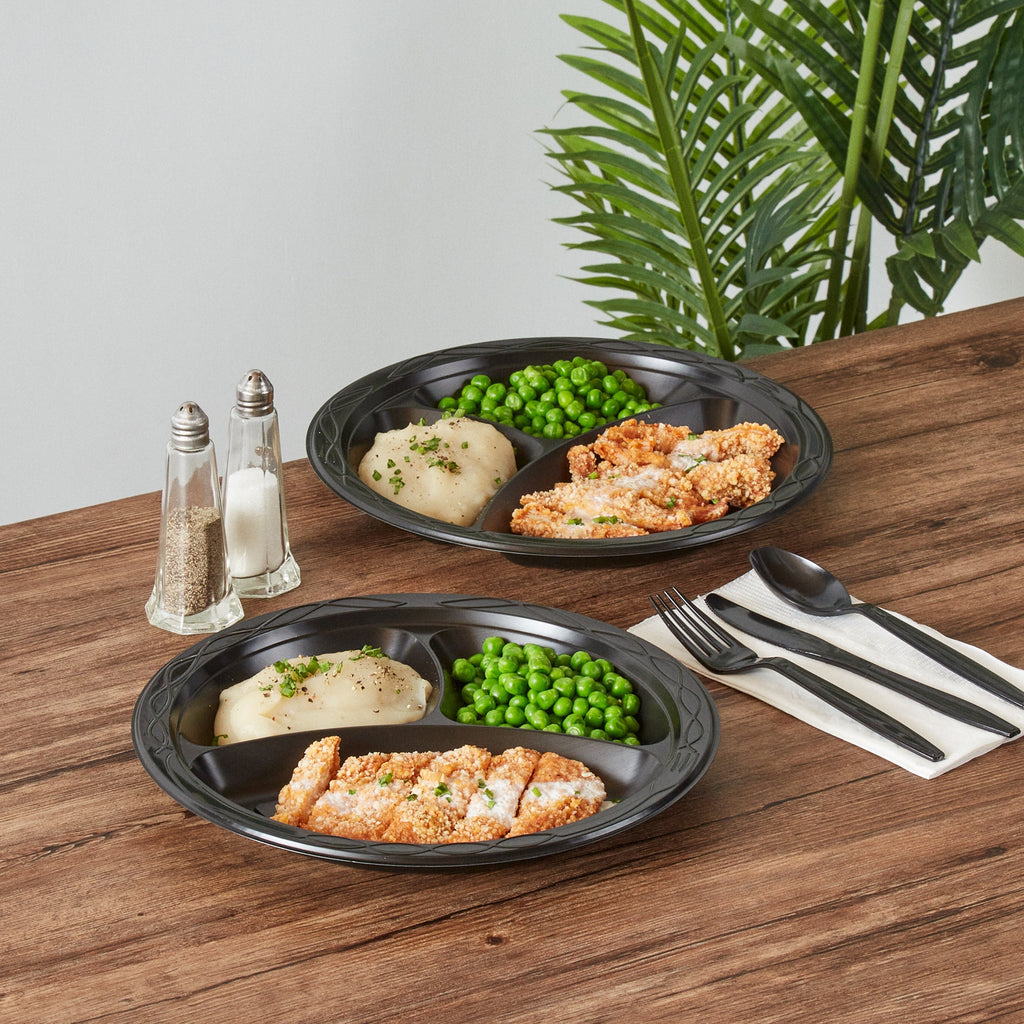 Chef 101 Round Black Plastic Plate - 3 Compartments, Microwavable - 10 1/4" x 10 1/4" x 1" - 50 count box
