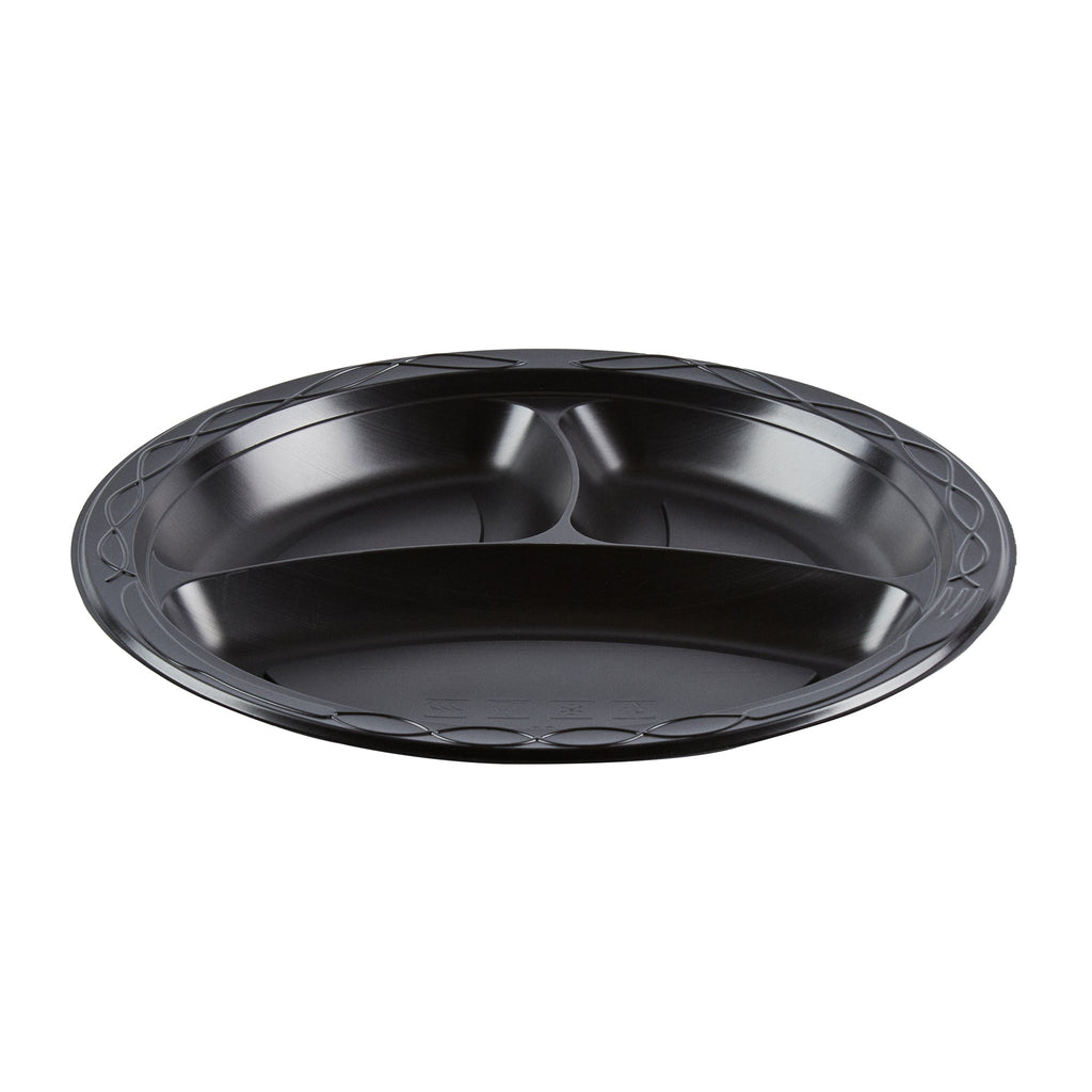 Chef 101 Round Black Plastic Plate - 3 Compartments, Microwavable - 10 1/4" x 10 1/4" x 1" - 50 count box