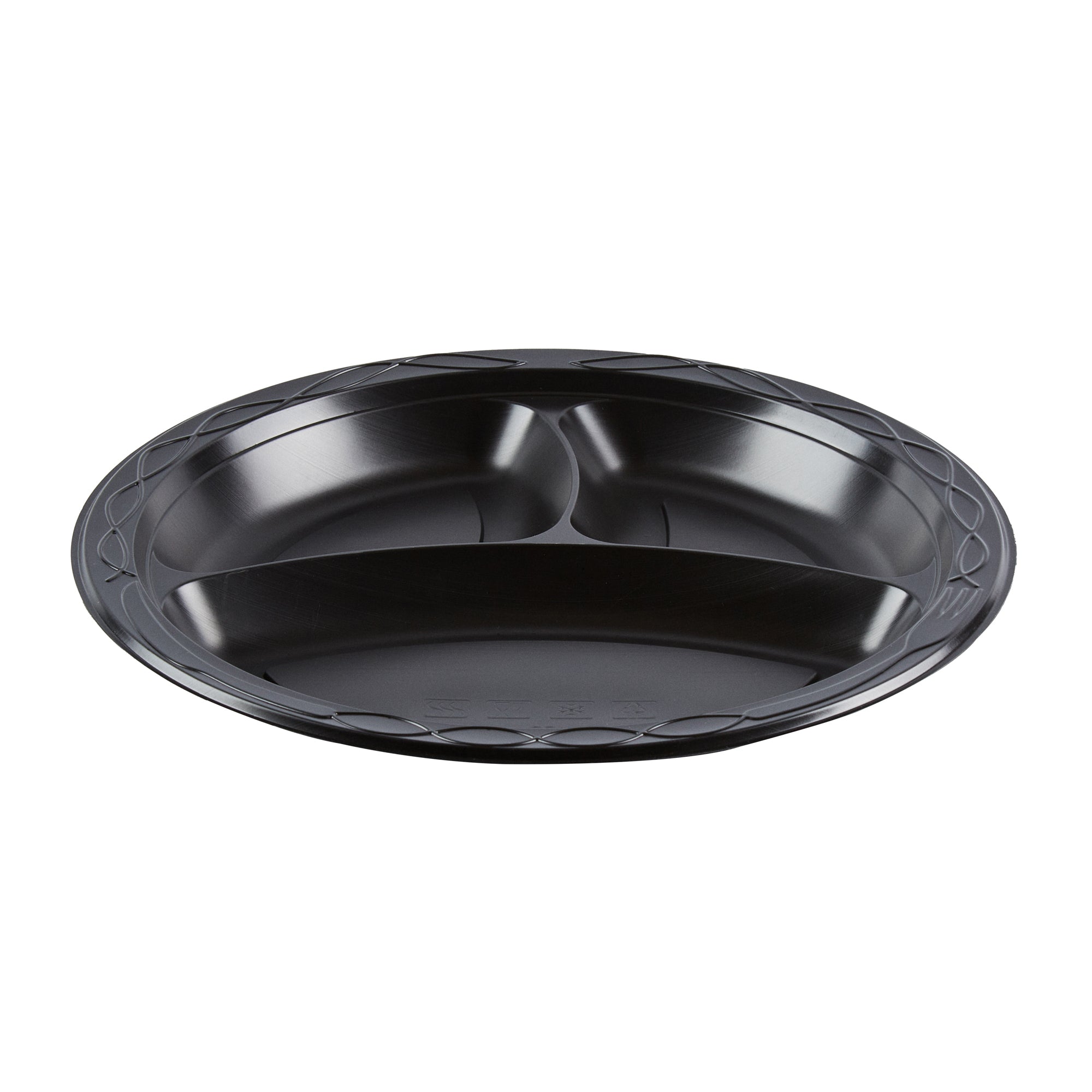 Chef 101 Round Black Plastic Plate - 3 Compartments, Microwavable - 10 1/4" x 10 1/4" x 1" - 50 count box