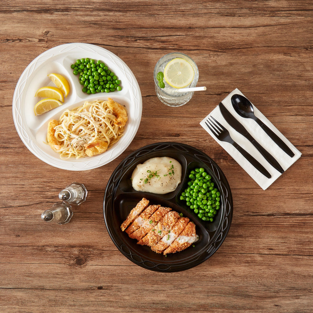 Chef 101 Round Black Plastic Plate - 3 Compartments, Microwavable - 10 1/4" x 10 1/4" x 1" - 50 count box