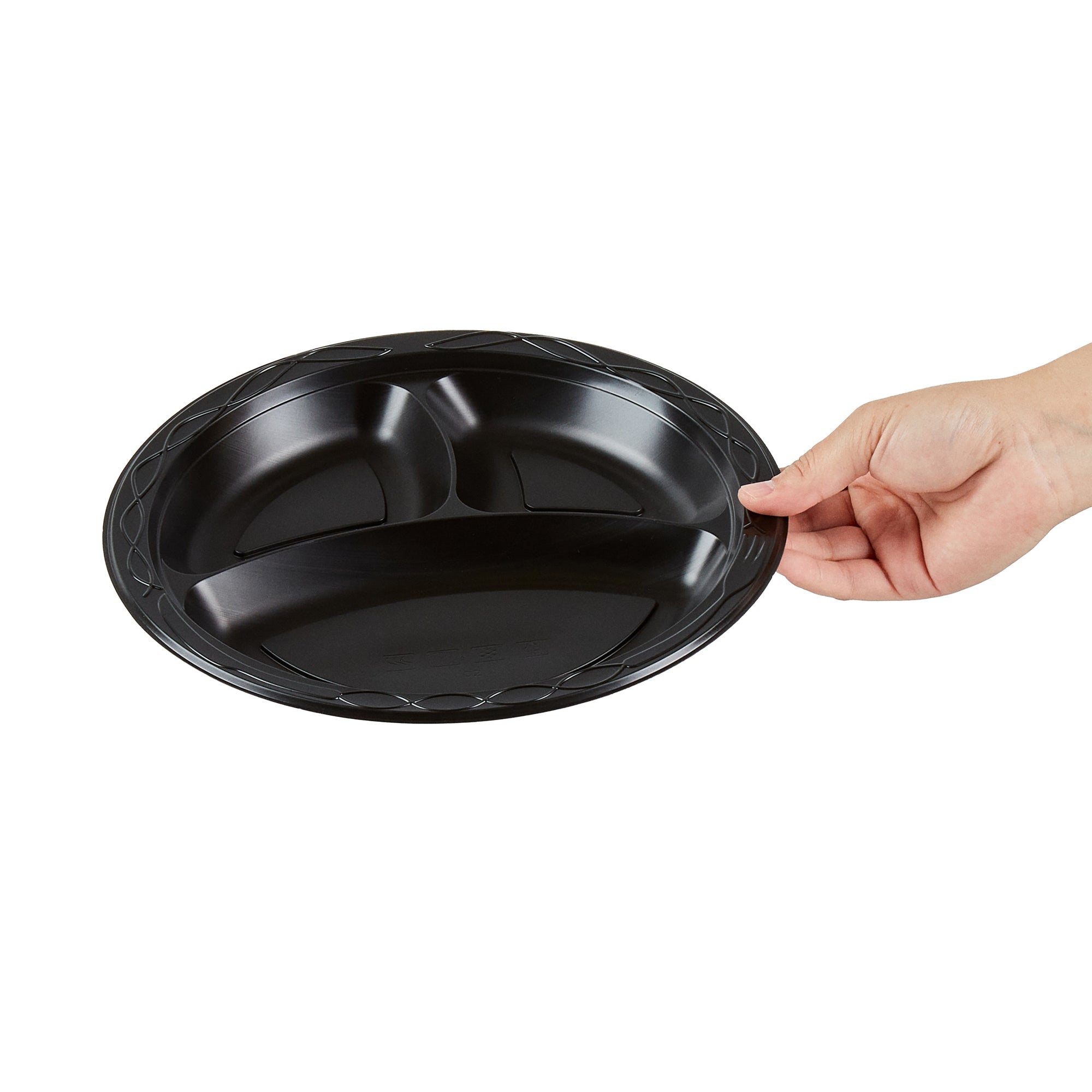 Chef 101 Round Black Plastic Plate - 3 Compartments, Microwavable - 10 1/4" x 10 1/4" x 1" - 100 count box