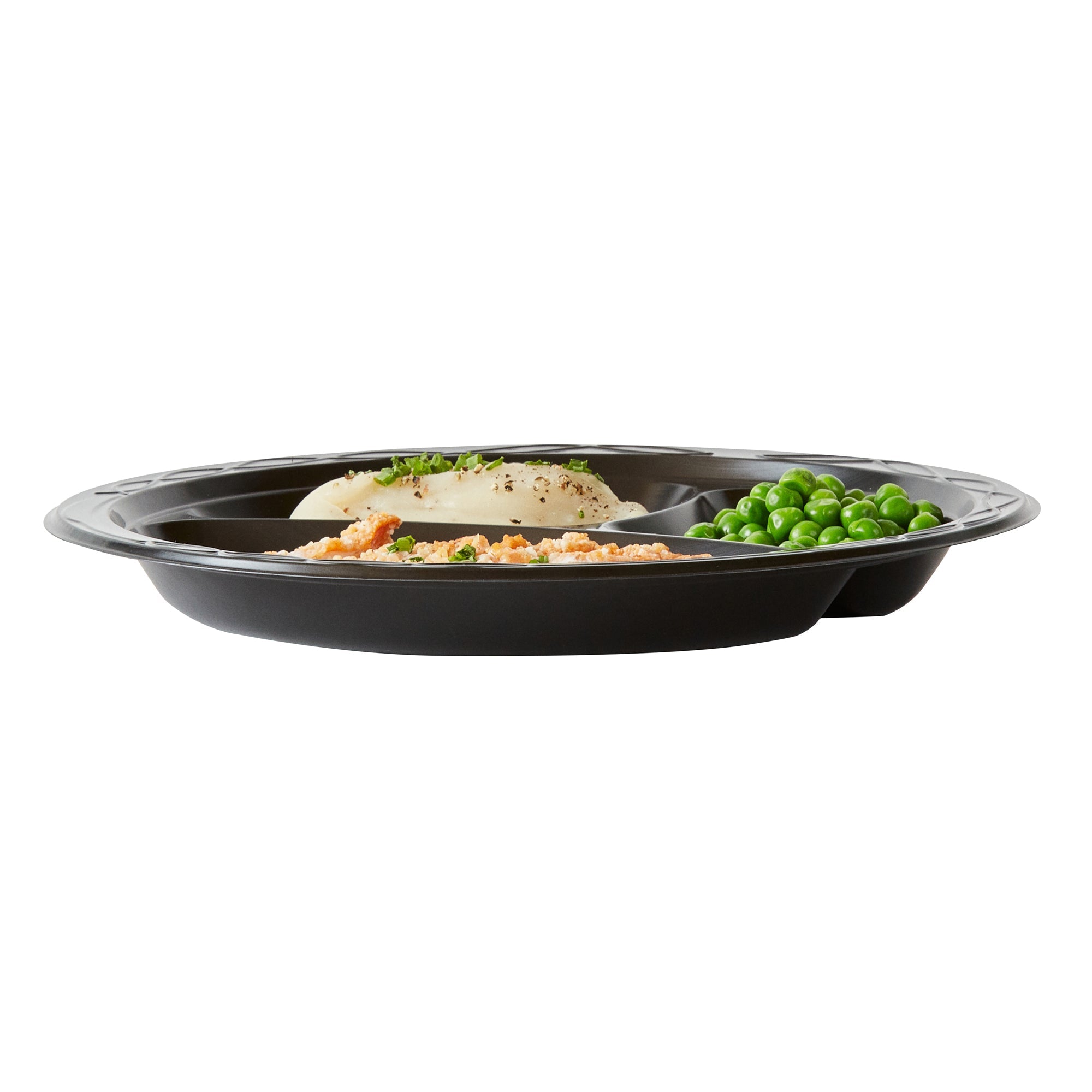 Chef 101 Round Black Plastic Plate - 3 Compartments, Microwavable - 10 1/4" x 10 1/4" x 1" - 100 count box