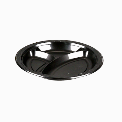 Chef 101 Round Black Plastic Plate - 3 Compartments, Microwavable - 10 1/4" x 10 1/4" x 1" - 100 count box