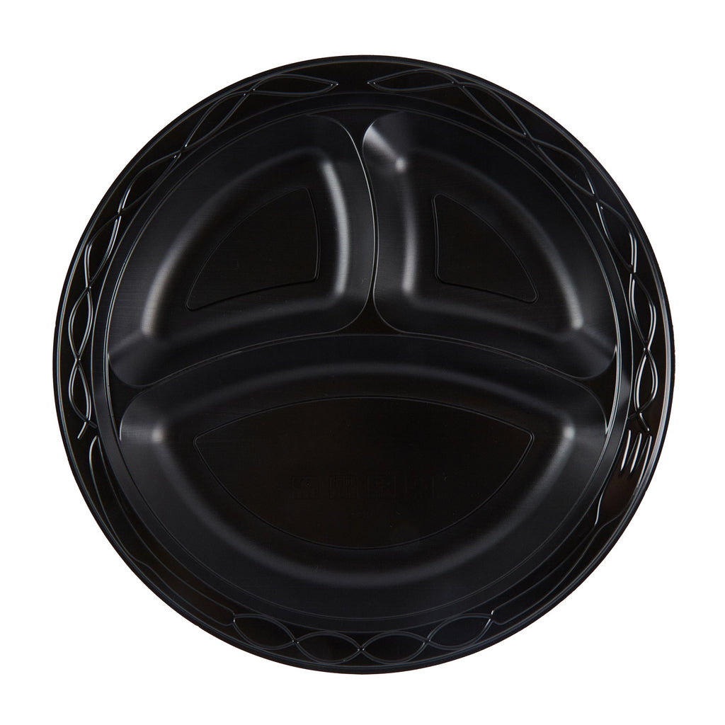 Chef 101 Round Black Plastic Plate - 3 Compartments, Microwavable - 10 1/4" x 10 1/4" x 1" - 100 count box