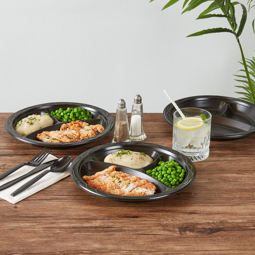 Chef 101 Round Black Plastic Plate - 3 Compartments, Microwavable - 10 1/4" x 10 1/4" x 1" - 100 count box