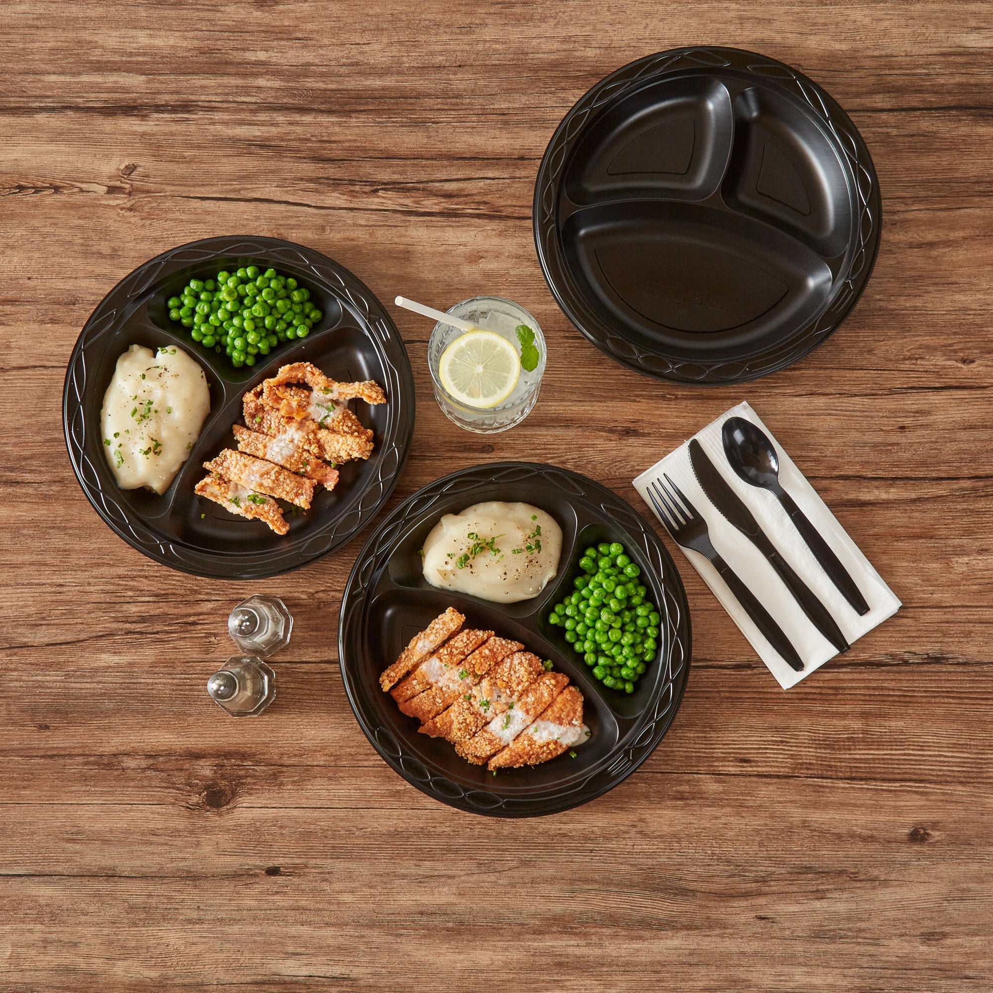Chef 101 Round Black Plastic Plate - 3 Compartments, Microwavable - 10 1/4" x 10 1/4" x 1" - 100 count box