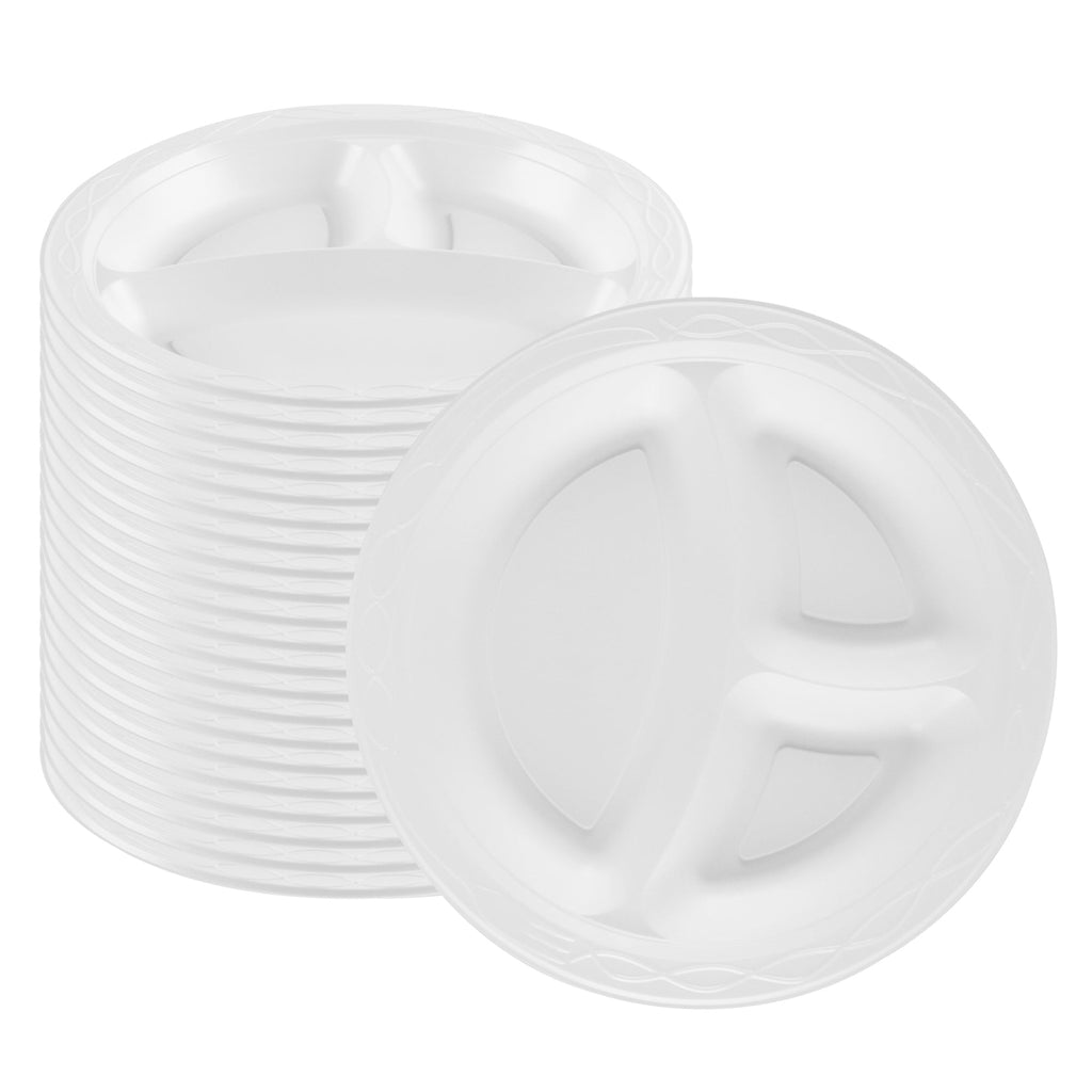 Chef 101 Round White Plastic Plate - 3 Compartments, Microwavable - 10 1/4" x 10 1/4" x 1" - 50 count box