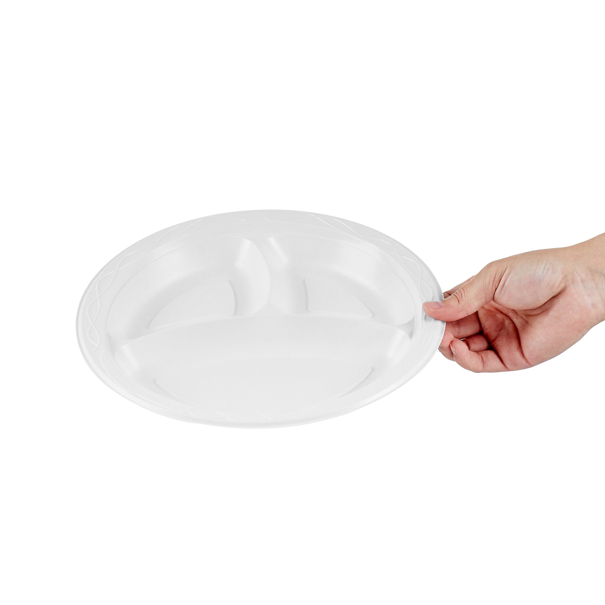 Chef 101 Round White Plastic Plate - 3 Compartments, Microwavable - 10 1/4" x 10 1/4" x 1" - 50 count box