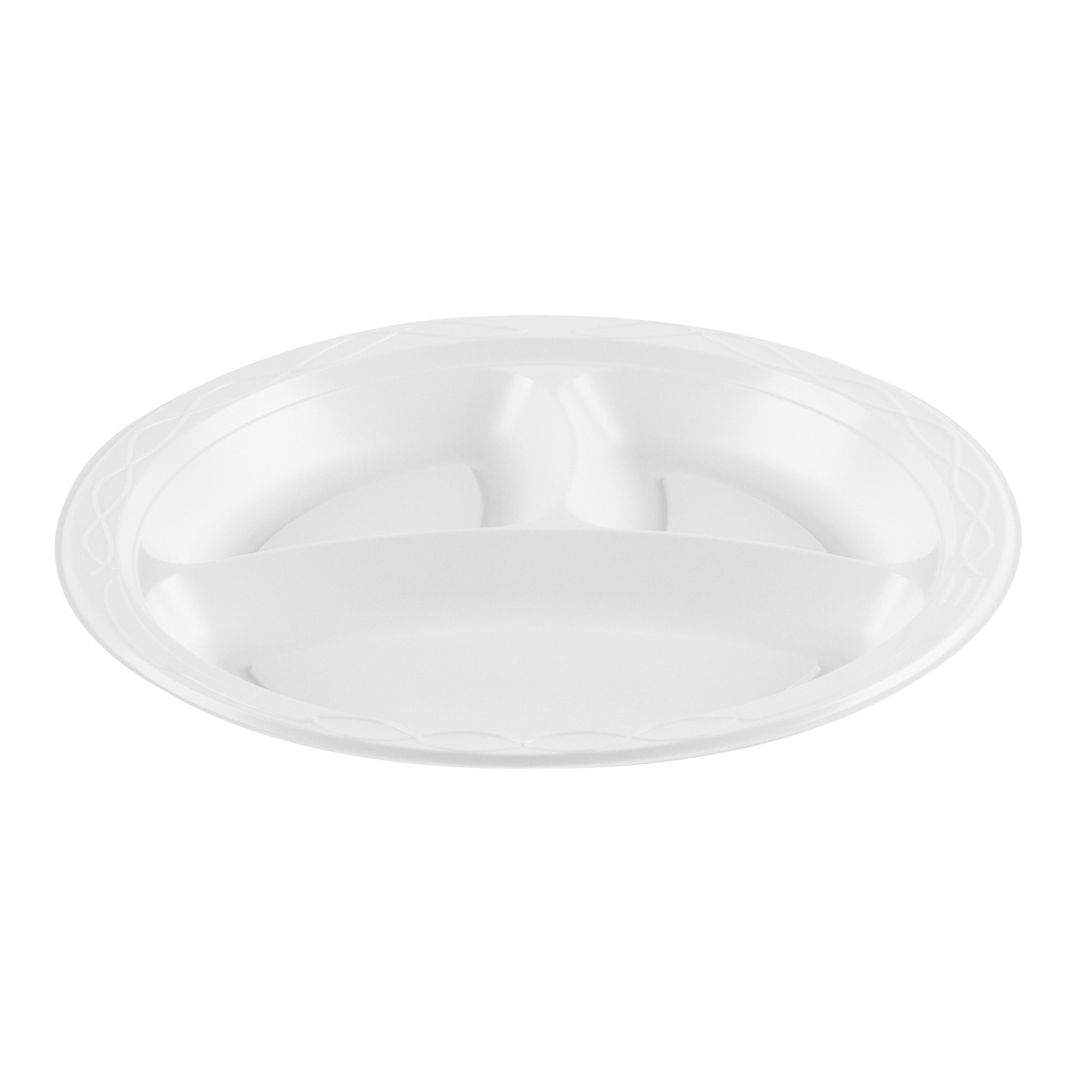Chef 101 Round White Plastic Plate - 3 Compartments, Microwavable - 10 1/4" x 10 1/4" x 1" - 50 count box