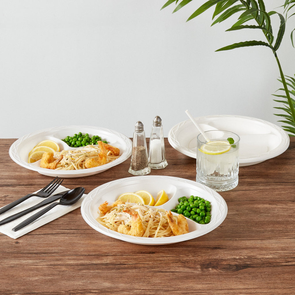 Chef 101 Round White Plastic Plate - 3 Compartments, Microwavable - 10 1/4" x 10 1/4" x 1" - 100 count box
