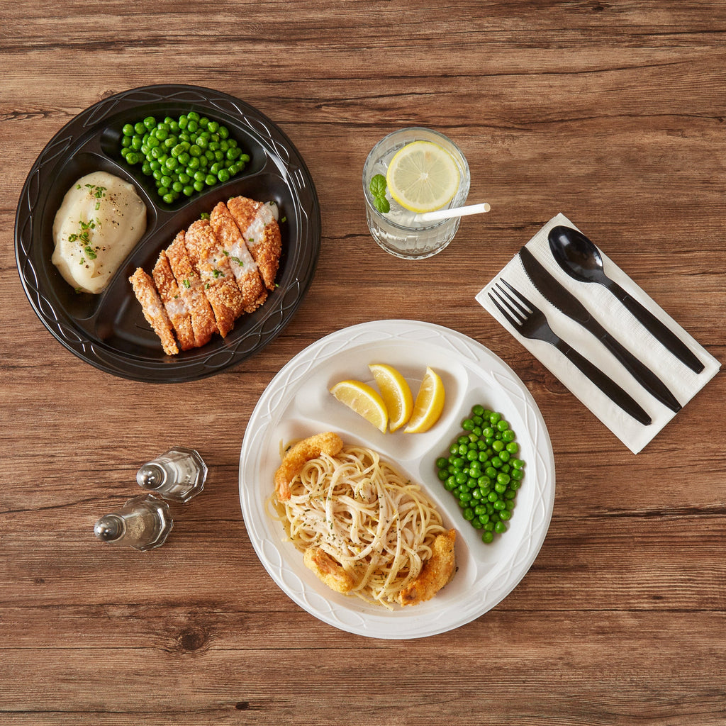 Chef 101 Round White Plastic Plate - 3 Compartments, Microwavable - 10 1/4" x 10 1/4" x 1" - 100 count box