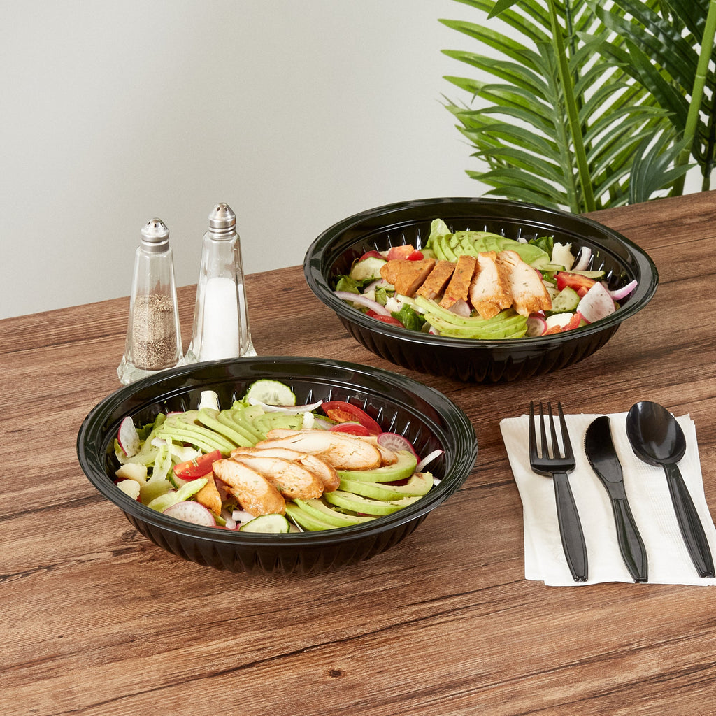 Chef 101 34 oz Round Black Plastic Bowl - Microwavable - 9" x 9" x 2" - 100 count box