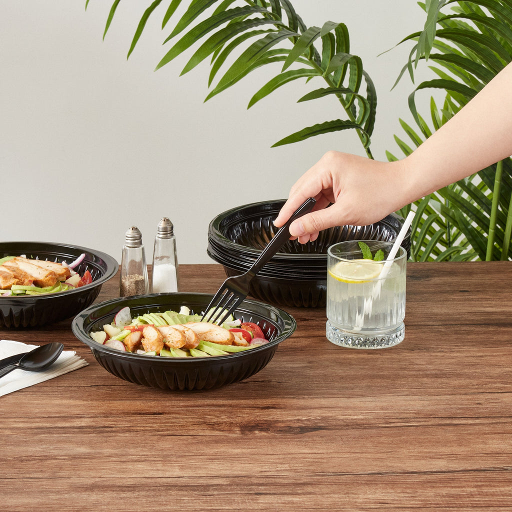 Chef 101 34 oz Round Black Plastic Bowl - Microwavable - 9" x 9" x 2" - 50 count box