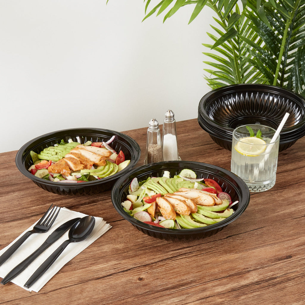 Chef 101 34 oz Round Black Plastic Bowl - Microwavable - 9" x 9" x 2" - 50 count box