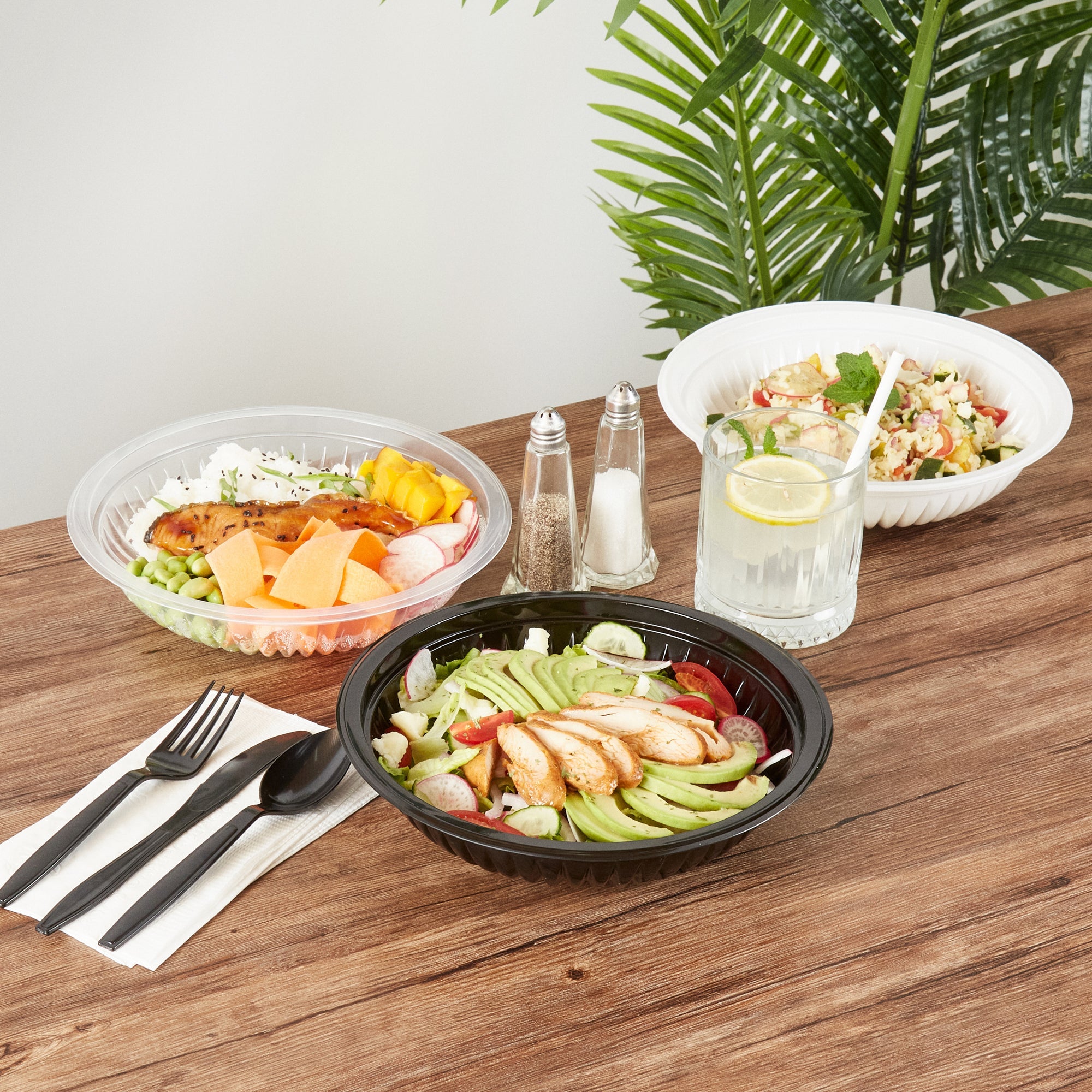 Chef 101 34 oz Round Black Plastic Bowl - Microwavable - 9" x 9" x 2" - 50 count box