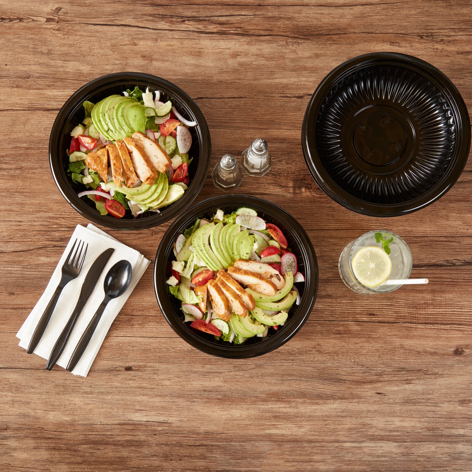 Chef 101 34 oz Round Black Plastic Bowl - Microwavable - 9" x 9" x 2" - 50 count box