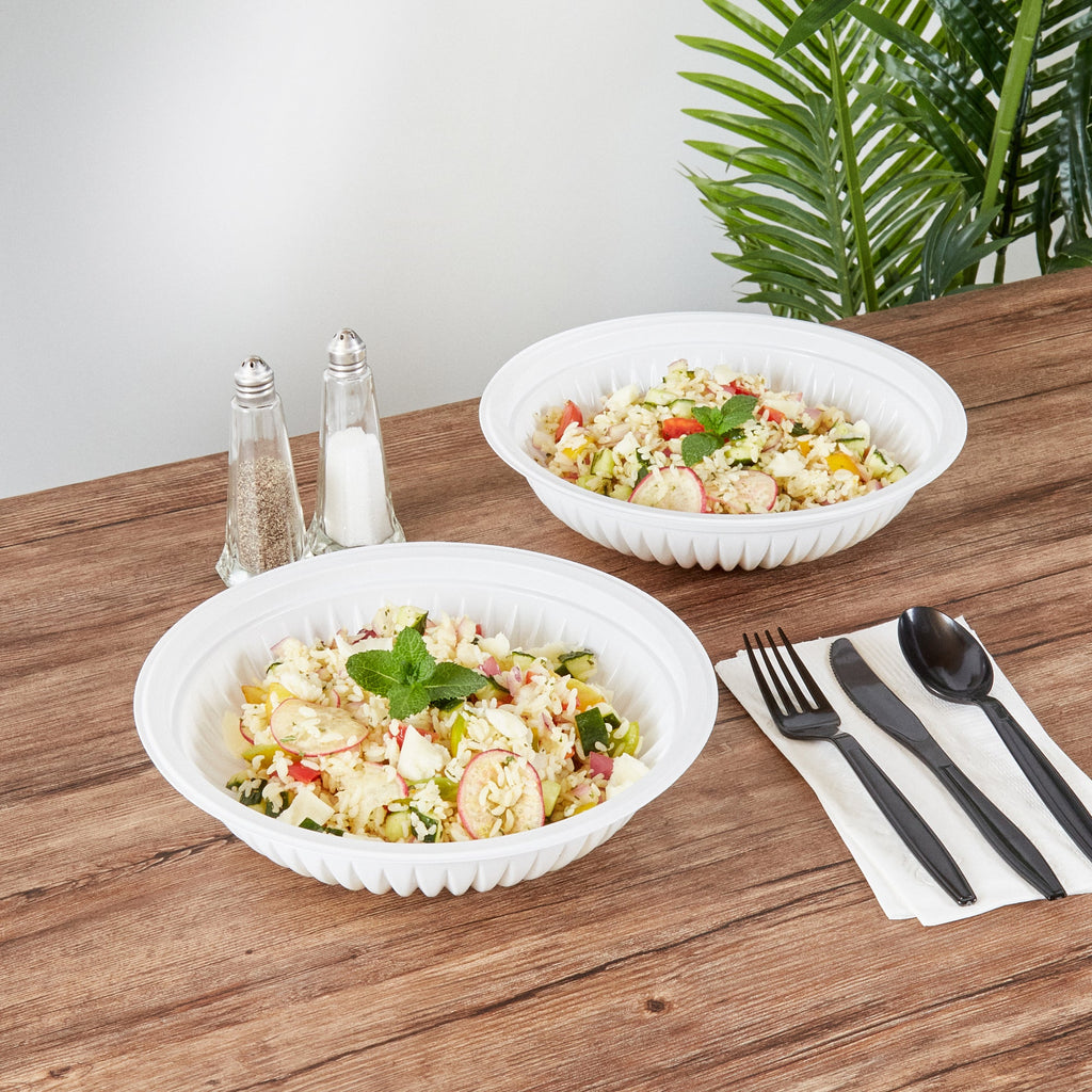 Chef 101 34 oz Round White Plastic Bowl - Microwavable - 9" x 9" x 2" - 50 count box