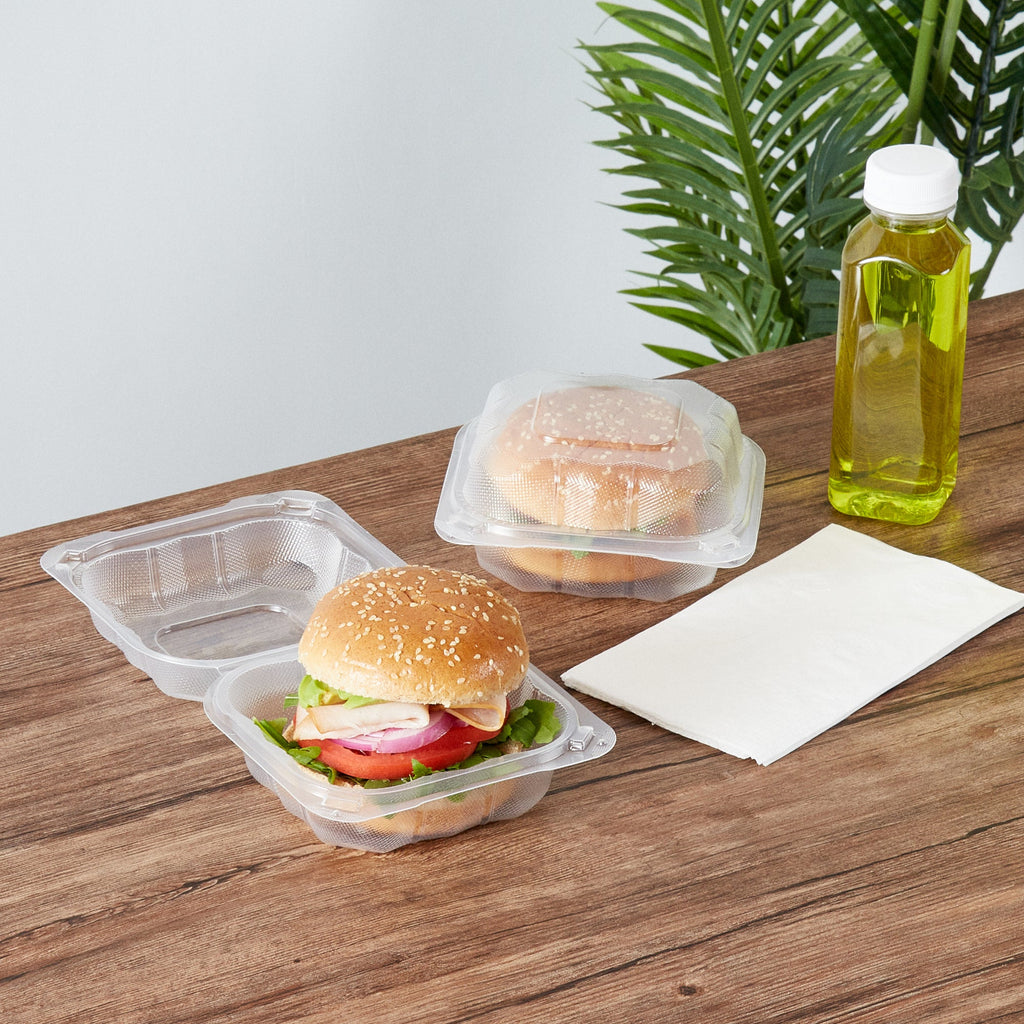 Chef 101 13 oz Square Clear Plastic Clamshell Container - Microwavable - 5 1/2" x 5 1/2" x 2 3/4" - 100 count box