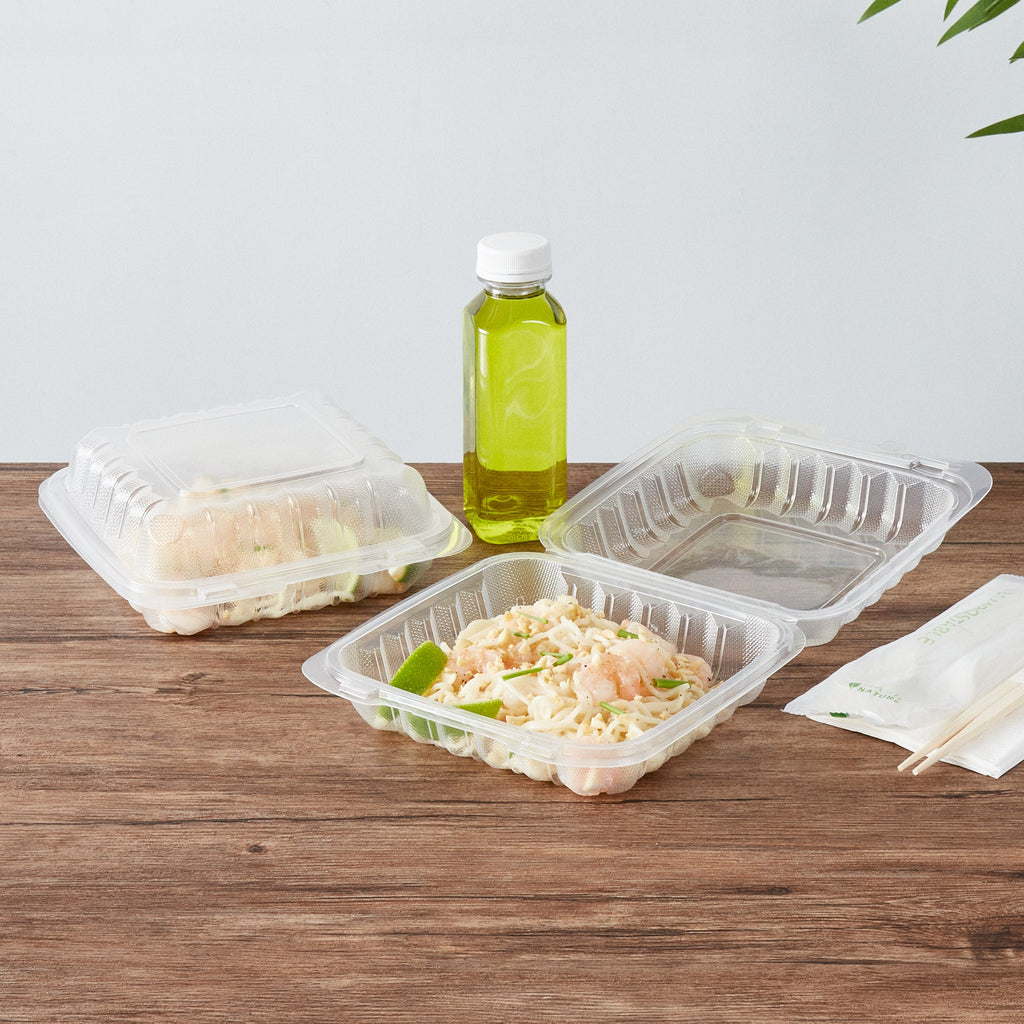 Chef 101 30 oz Square Clear Plastic Clamshell Container - Microwavable - 7 1/2" x 7 1/2" x 2 3/4" - 50 count box