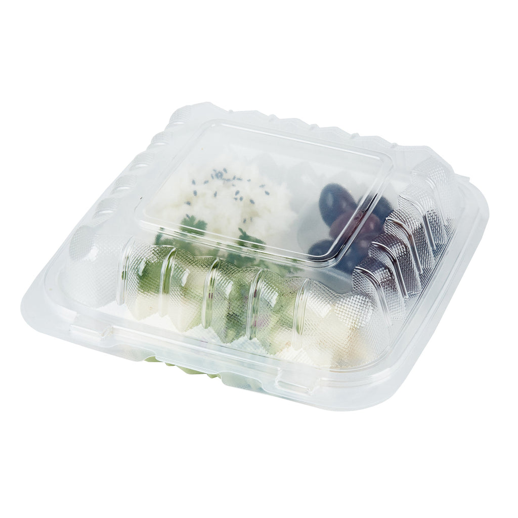 Chef 101 30 oz Square Clear Plastic Clamshell Container - 3 Compartments, Microwavable - 7 1/2" x 7 1/2" x 2 3/4" - 100 count box