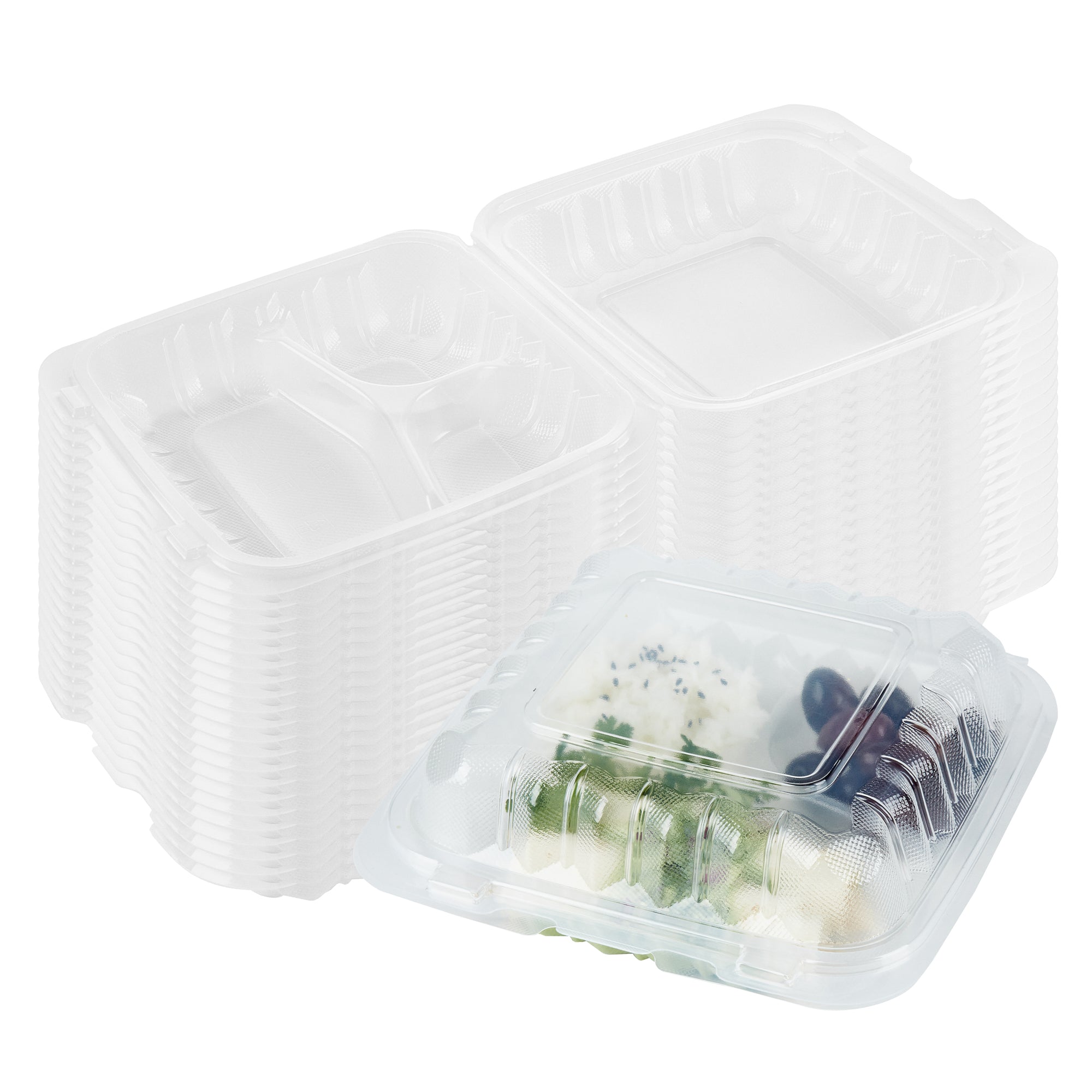 Chef 101 30 oz Square Clear Plastic Clamshell Container - 3 Compartments, Microwavable - 7 1/2" x 7 1/2" x 2 3/4" - 50 count box