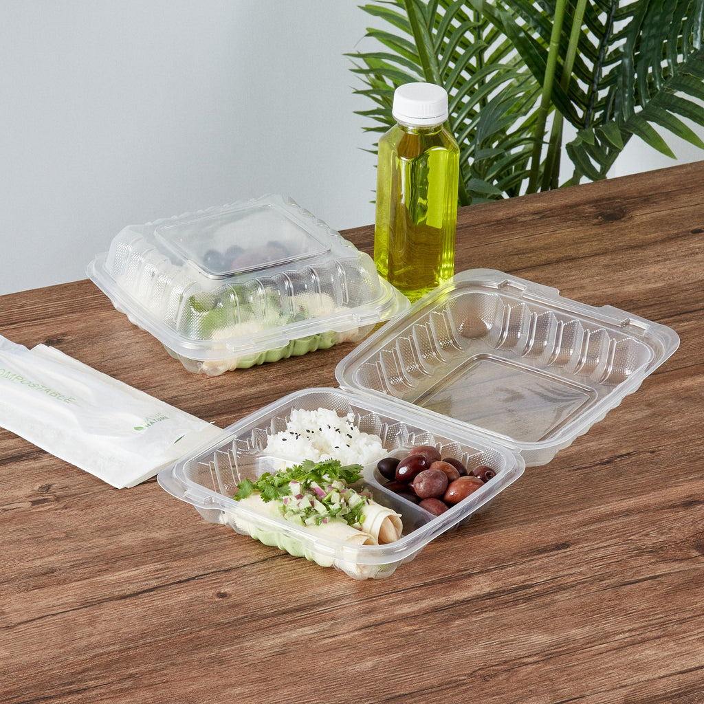 Chef 101 30 oz Square Clear Plastic Clamshell Container - 3 Compartments, Microwavable - 7 1/2" x 7 1/2" x 2 3/4" - 50 count box