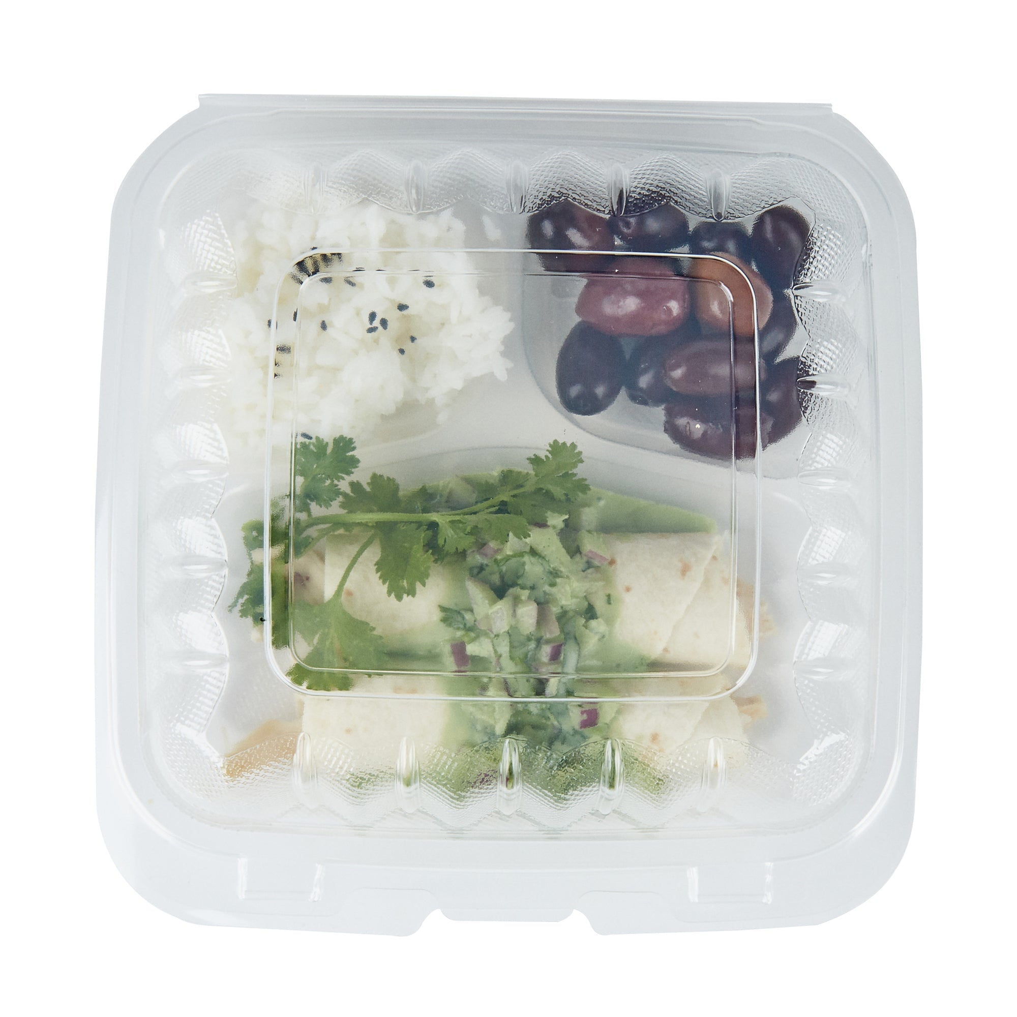 Chef 101 30 oz Square Clear Plastic Clamshell Container - 3 Compartments, Microwavable - 7 1/2" x 7 1/2" x 2 3/4" - 50 count box