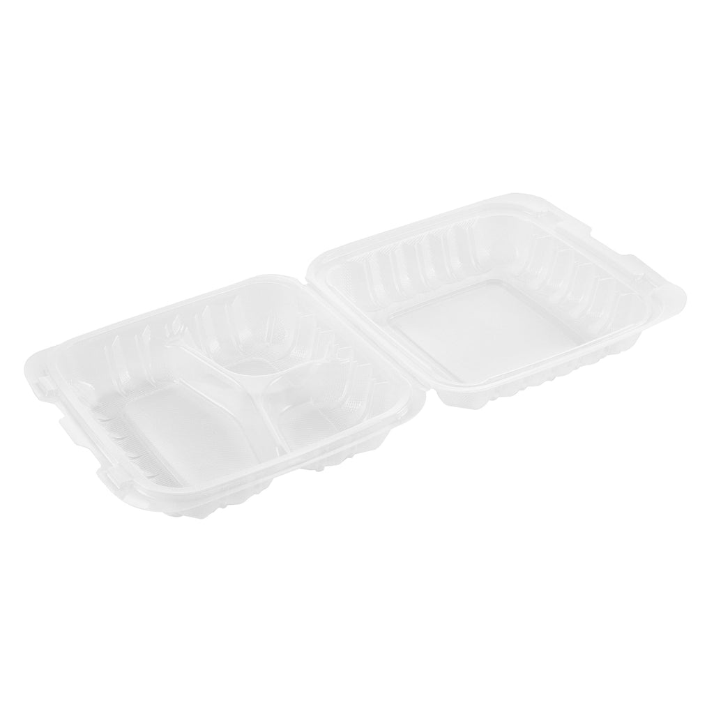 Chef 101 30 oz Square Clear Plastic Clamshell Container - 3 Compartments, Microwavable - 7 1/2" x 7 1/2" x 2 3/4" - 50 count box
