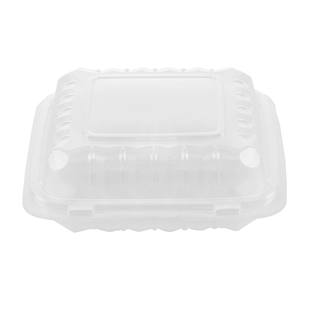 Chef 101 30 oz Square Clear Plastic Clamshell Container - 3 Compartments, Microwavable - 7 1/2" x 7 1/2" x 2 3/4" - 50 count box