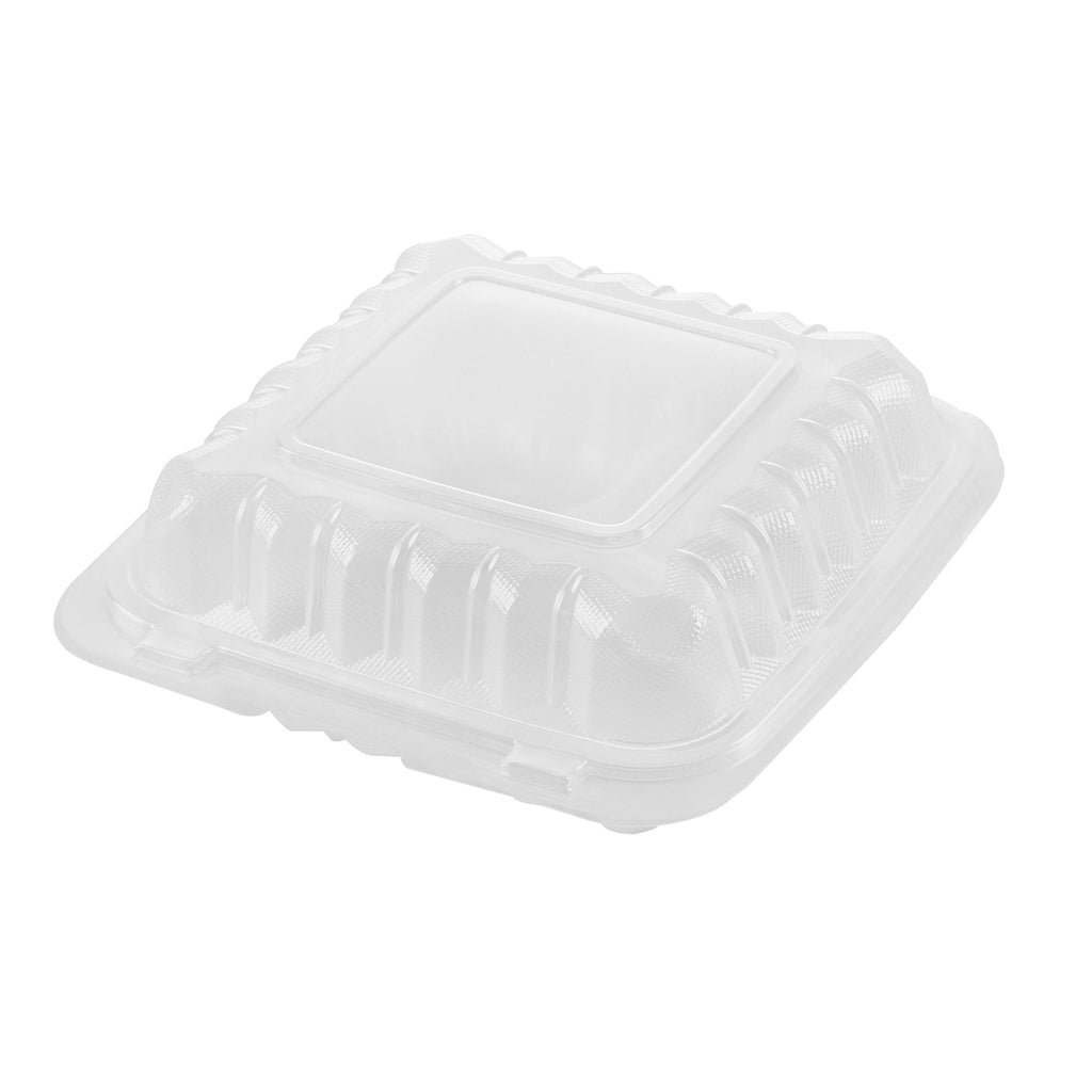Chef 101 30 oz Square Clear Plastic Clamshell Container - 3 Compartments, Microwavable - 7 1/2" x 7 1/2" x 2 3/4" - 50 count box