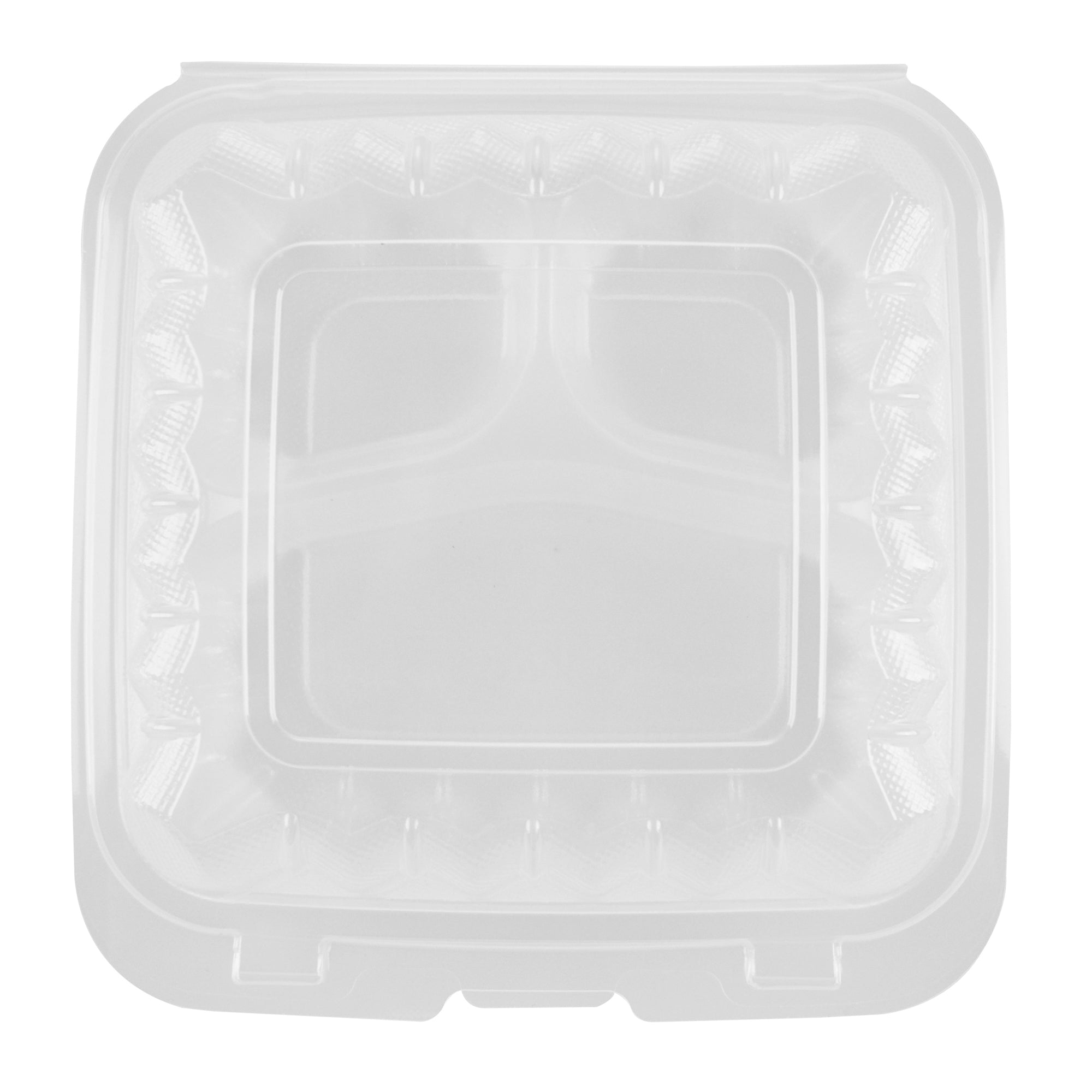 Chef 101 30 oz Square Clear Plastic Clamshell Container - 3 Compartments, Microwavable - 7 1/2" x 7 1/2" x 2 3/4" - 50 count box