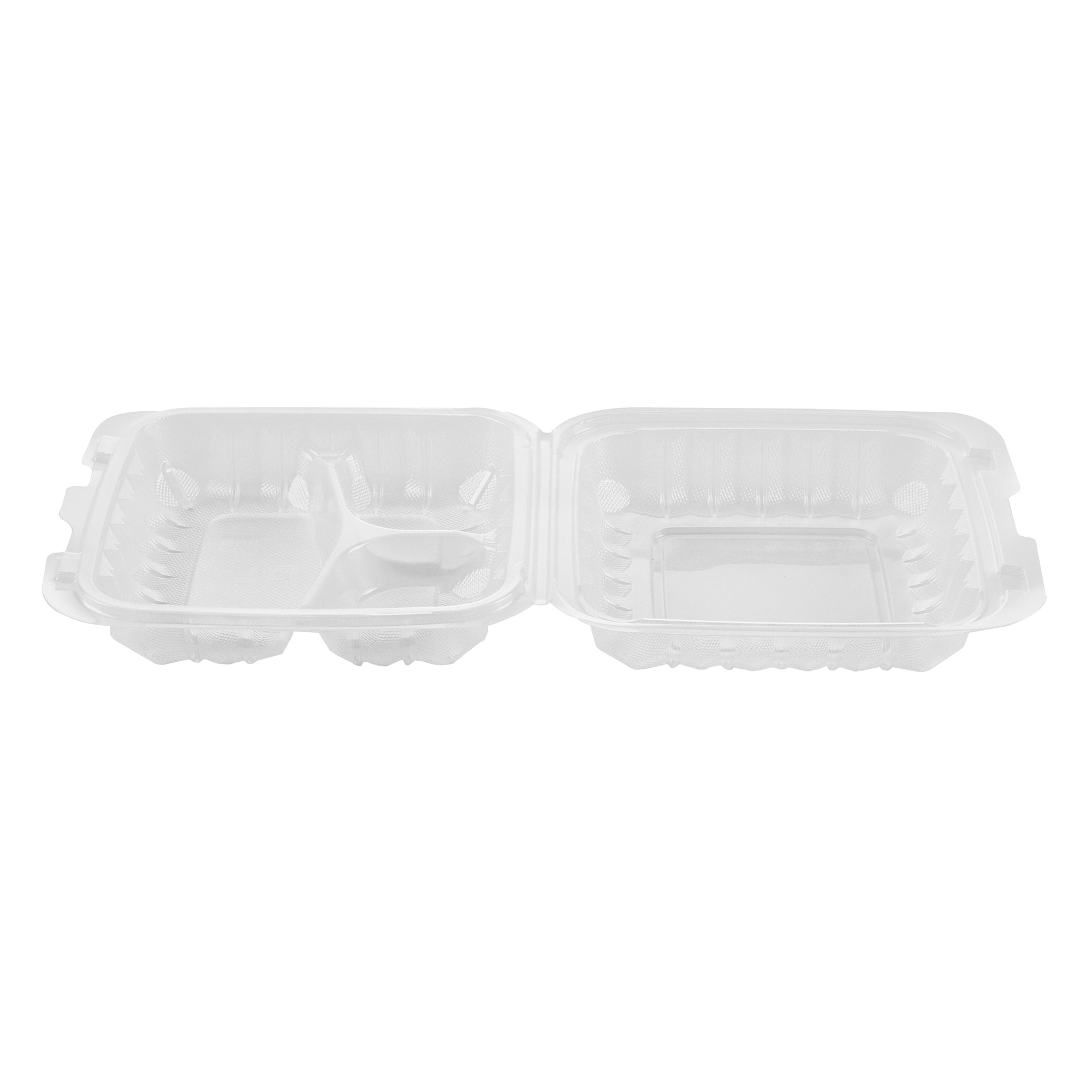 Chef 101 30 oz Square Clear Plastic Clamshell Container - 3 Compartments, Microwavable - 7 1/2" x 7 1/2" x 2 3/4" - 100 count box