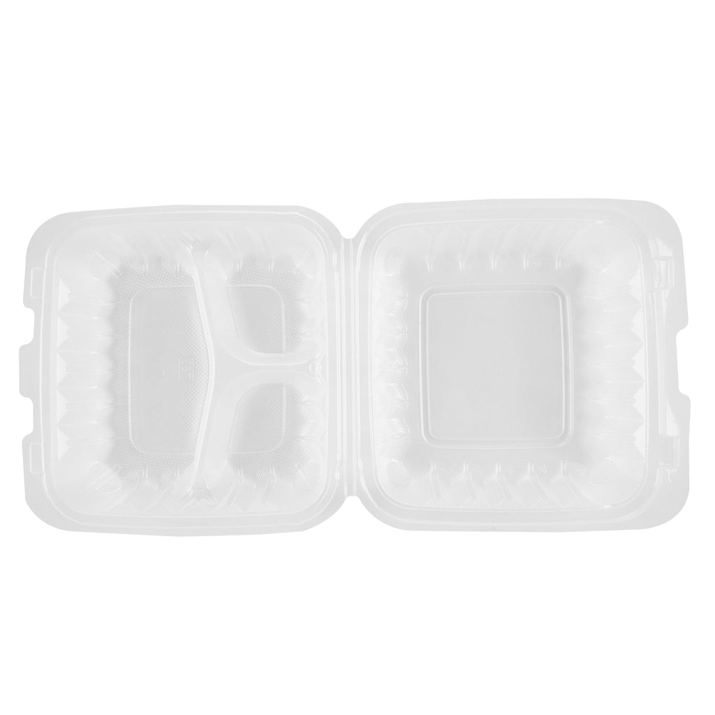 Chef 101 30 oz Square Clear Plastic Clamshell Container - 3 Compartments, Microwavable - 7 1/2" x 7 1/2" x 2 3/4" - 100 count box