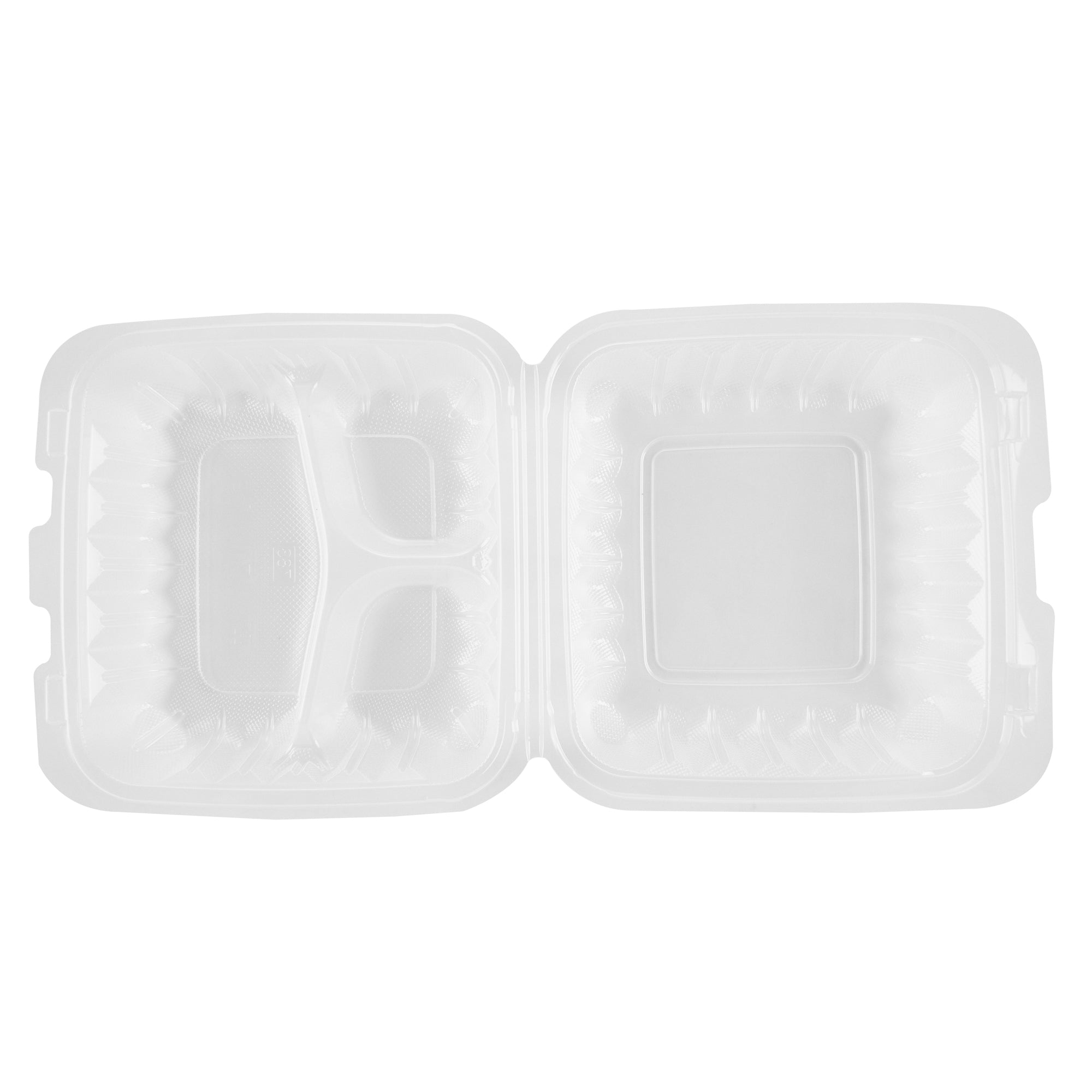 Chef 101 30 oz Square Clear Plastic Clamshell Container - 3 Compartments, Microwavable - 7 1/2" x 7 1/2" x 2 3/4" - 100 count box