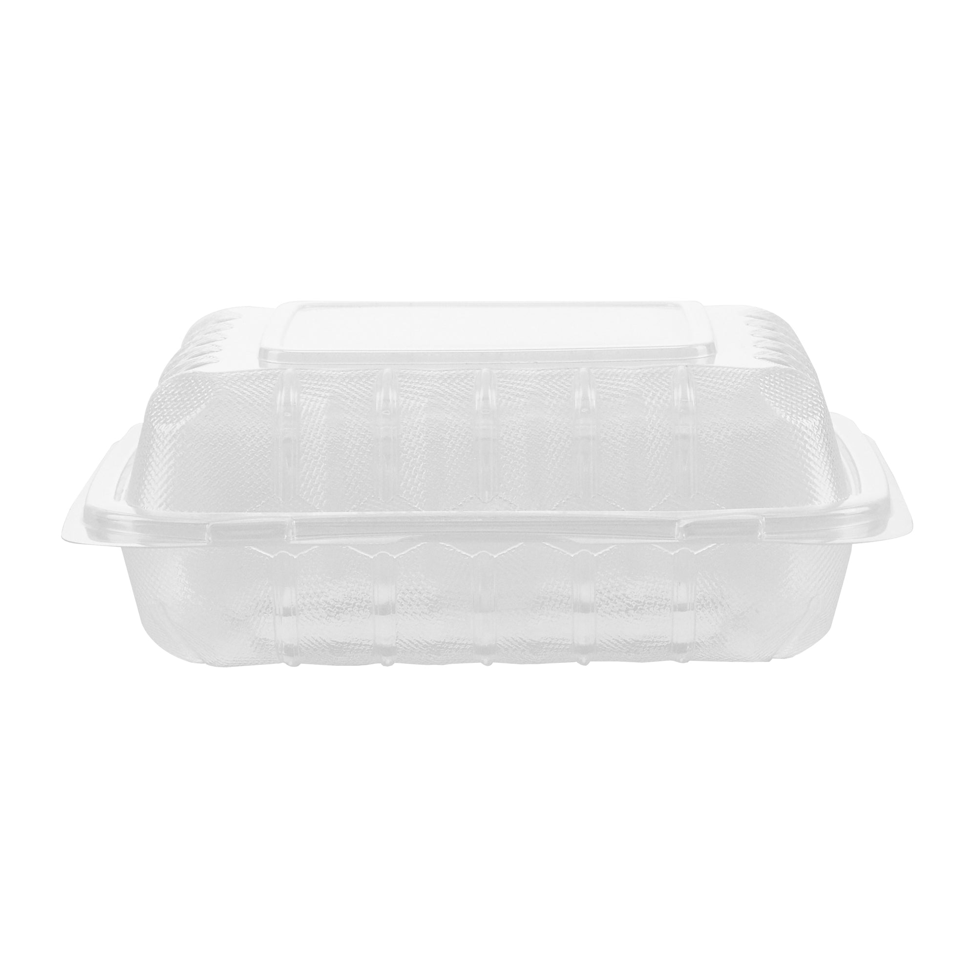 Chef 101 30 oz Square Clear Plastic Clamshell Container - 3 Compartments, Microwavable - 7 1/2" x 7 1/2" x 2 3/4" - 100 count box