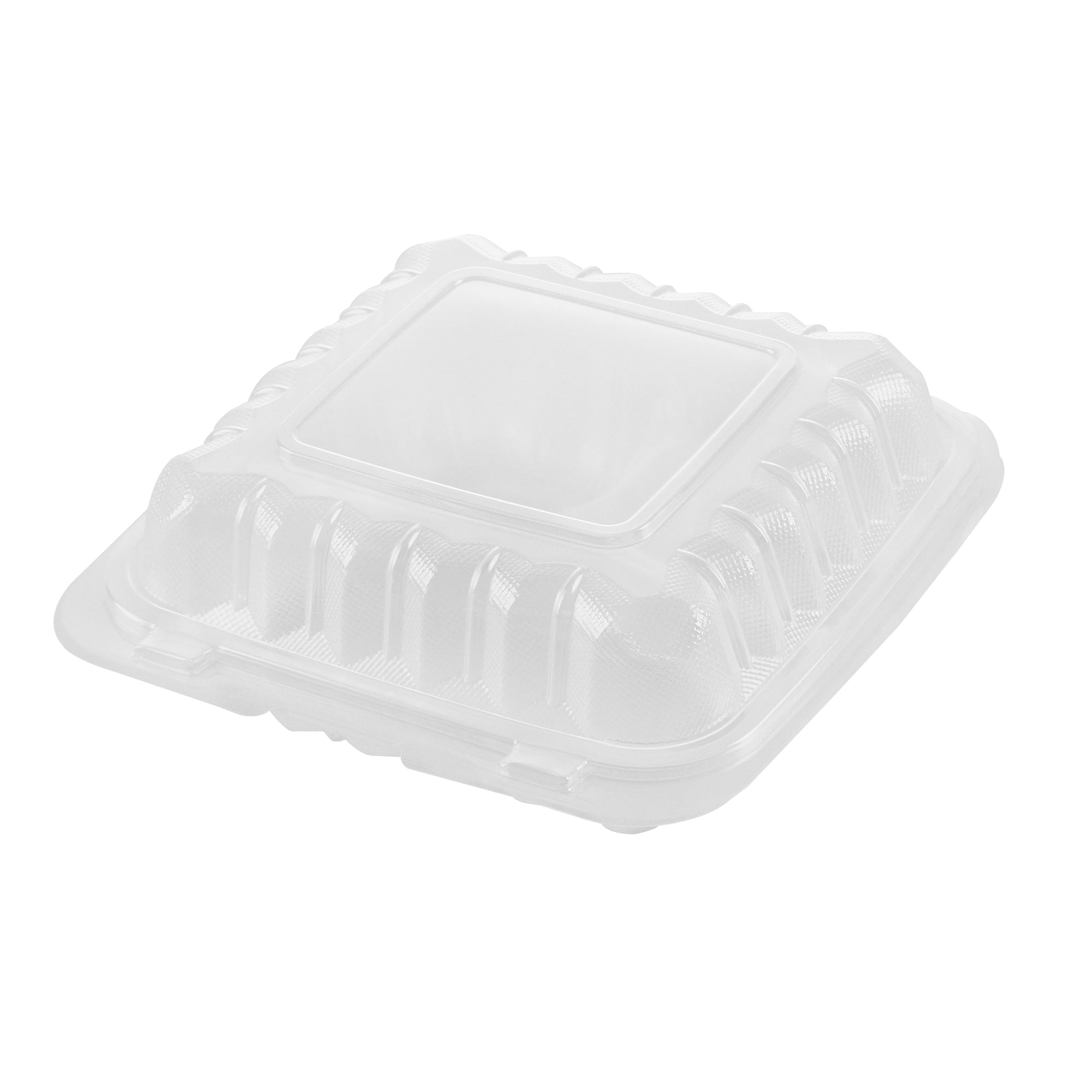 Chef 101 30 oz Square Clear Plastic Clamshell Container - 3 Compartments, Microwavable - 7 1/2" x 7 1/2" x 2 3/4" - 100 count box