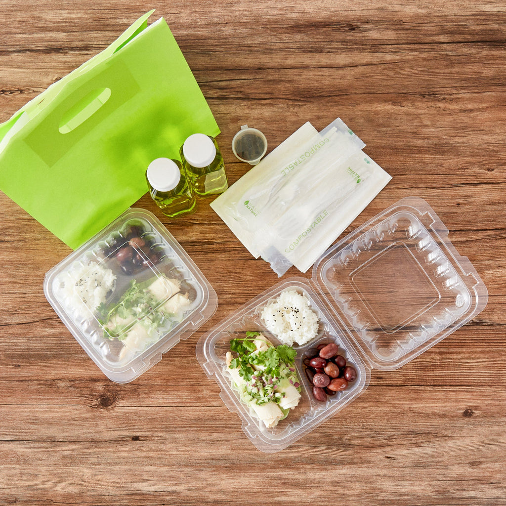 Chef 101 30 oz Square Clear Plastic Clamshell Container - 3 Compartments, Microwavable - 7 1/2" x 7 1/2" x 2 3/4" - 100 count box