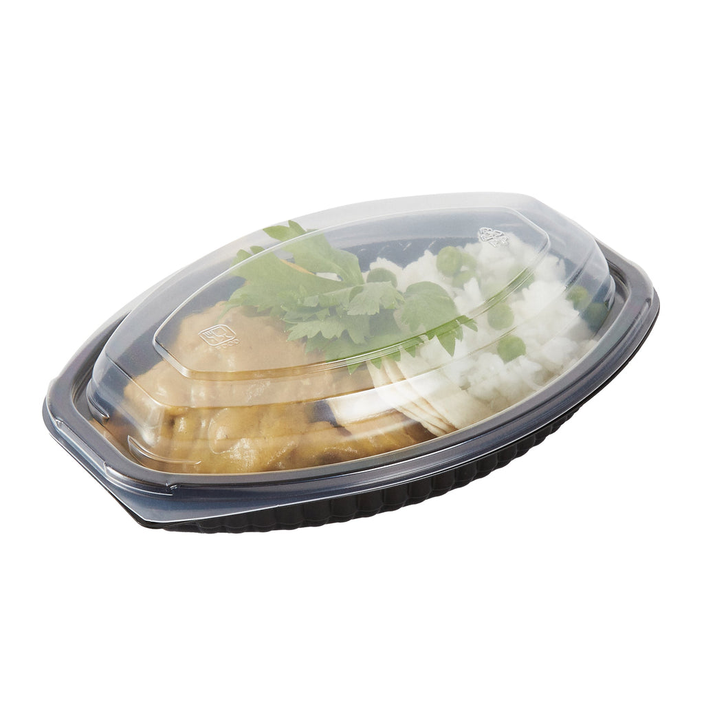 Chef 101 12 oz Oval Black Plastic Food Container - with Clear Lid, Microwavable - 8" x 5 1/2" x 2" - 100 count box
