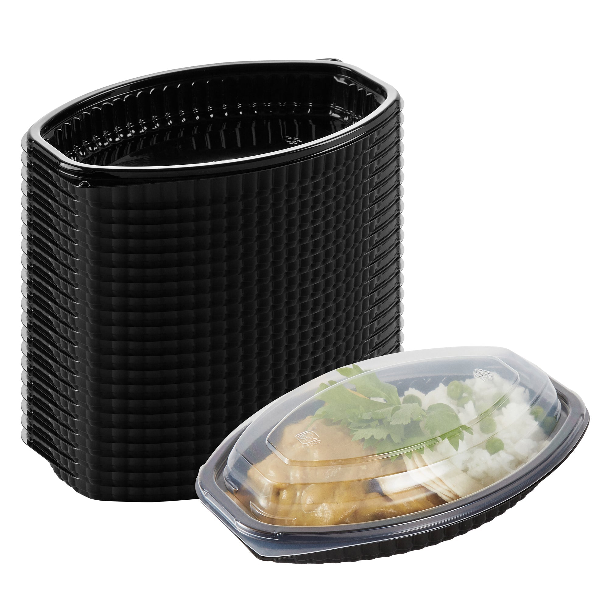 Chef 101 12 oz Oval Black Plastic Food Container - with Clear Lid, Microwavable - 8" x 5 1/2" x 2" - 100 count box