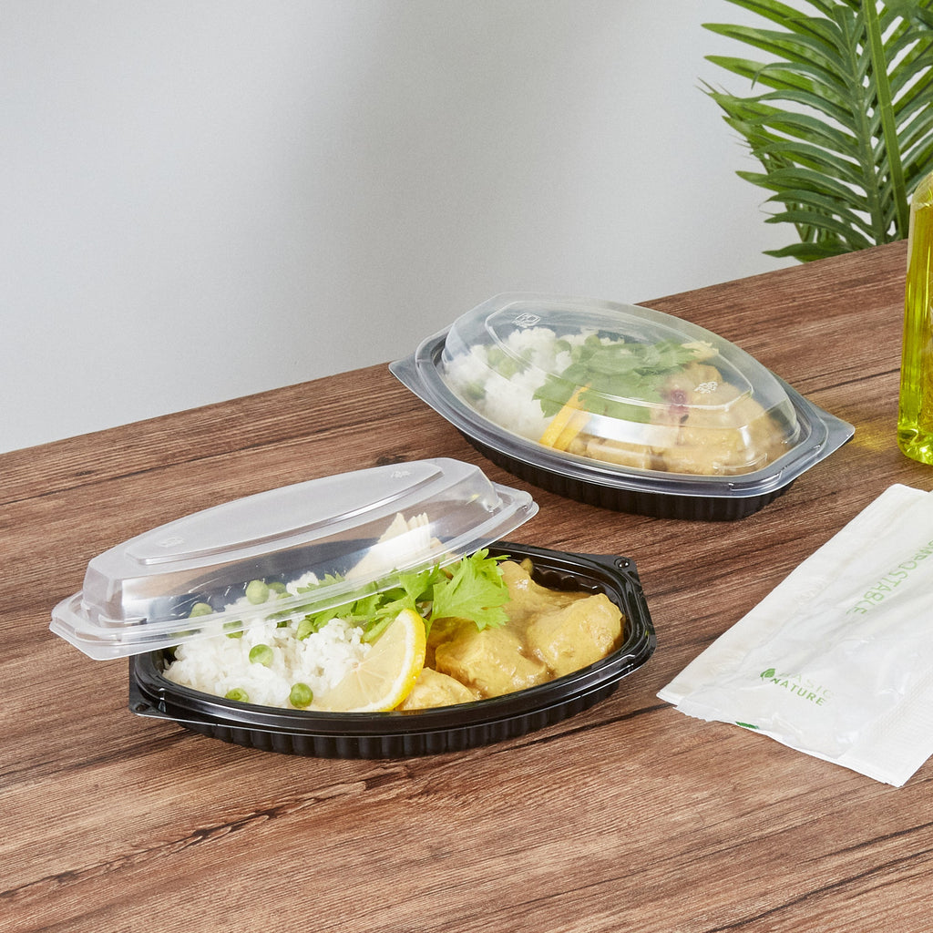 Chef 101 12 oz Oval Black Plastic Food Container - with Clear Lid, Microwavable - 8" x 5 1/2" x 2" - 50 count box