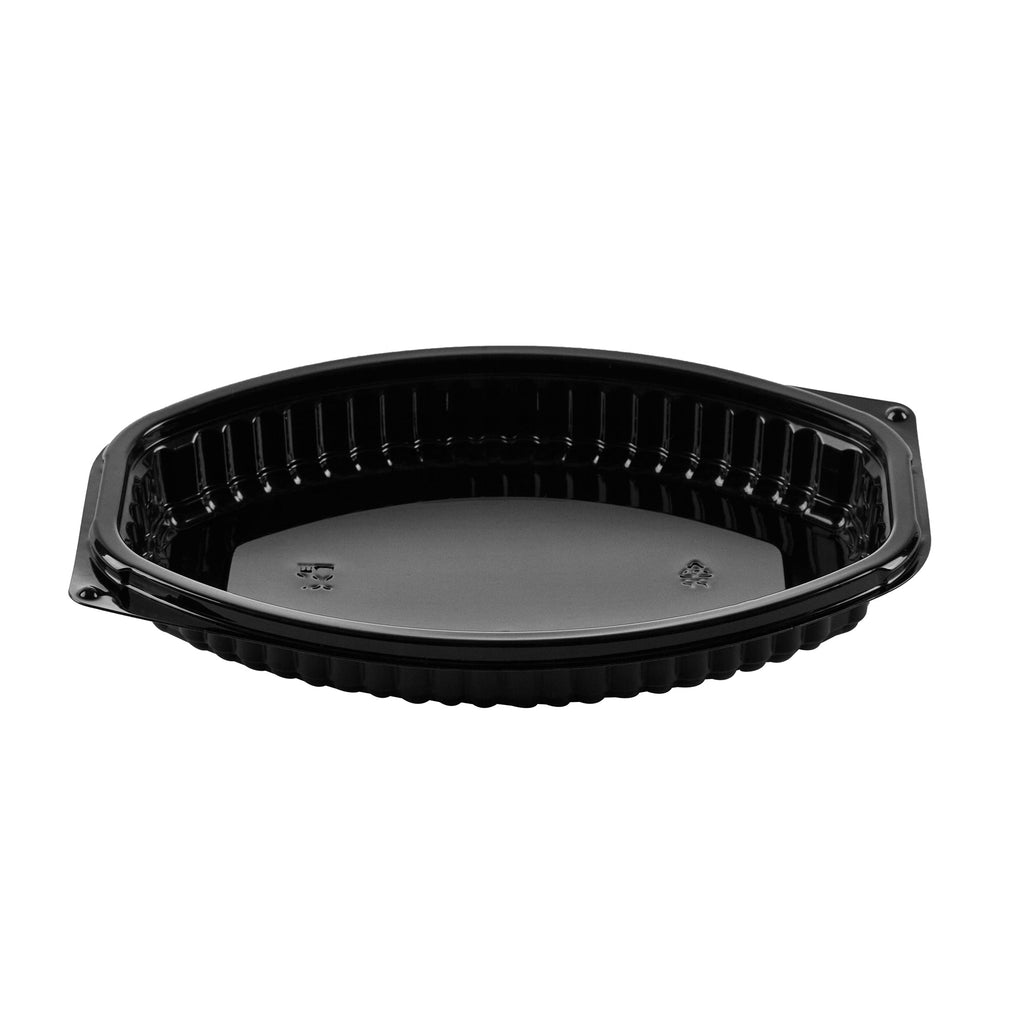 Chef 101 12 oz Oval Black Plastic Food Container - with Clear Lid, Microwavable - 8" x 5 1/2" x 2" - 50 count box