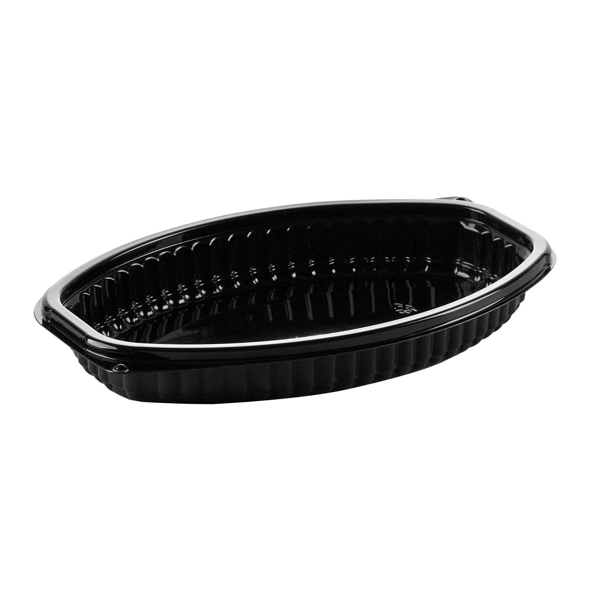 Chef 101 12 oz Oval Black Plastic Food Container - with Clear Lid, Microwavable - 8" x 5 1/2" x 2" - 50 count box