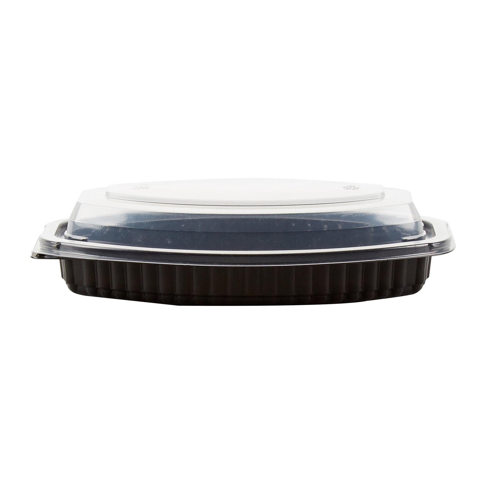 Chef 101 12 oz Oval Black Plastic Food Container - with Clear Lid, Microwavable - 8" x 5 1/2" x 2" - 50 count box