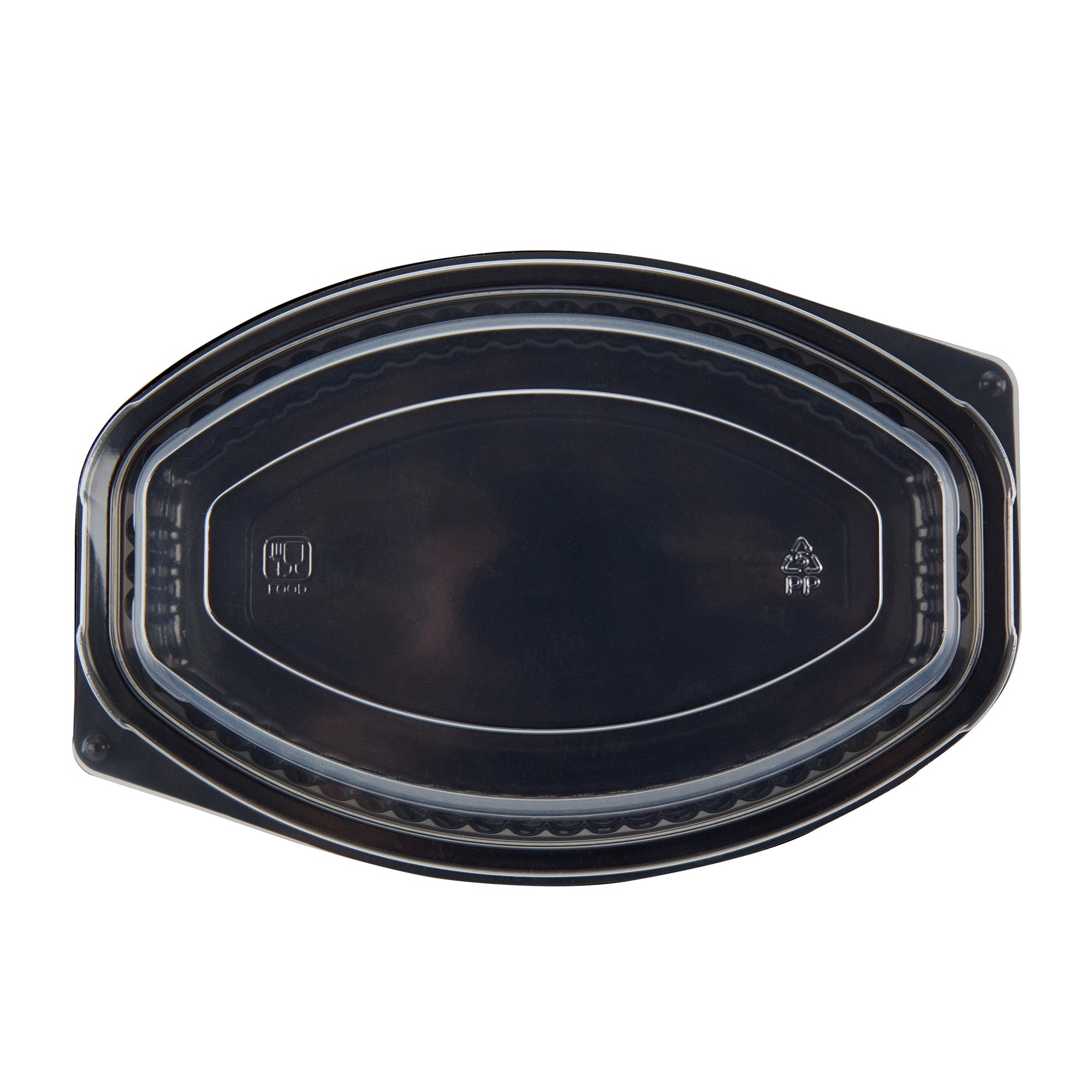 Chef 101 12 oz Oval Black Plastic Food Container - with Clear Lid, Microwavable - 8" x 5 1/2" x 2" - 50 count box