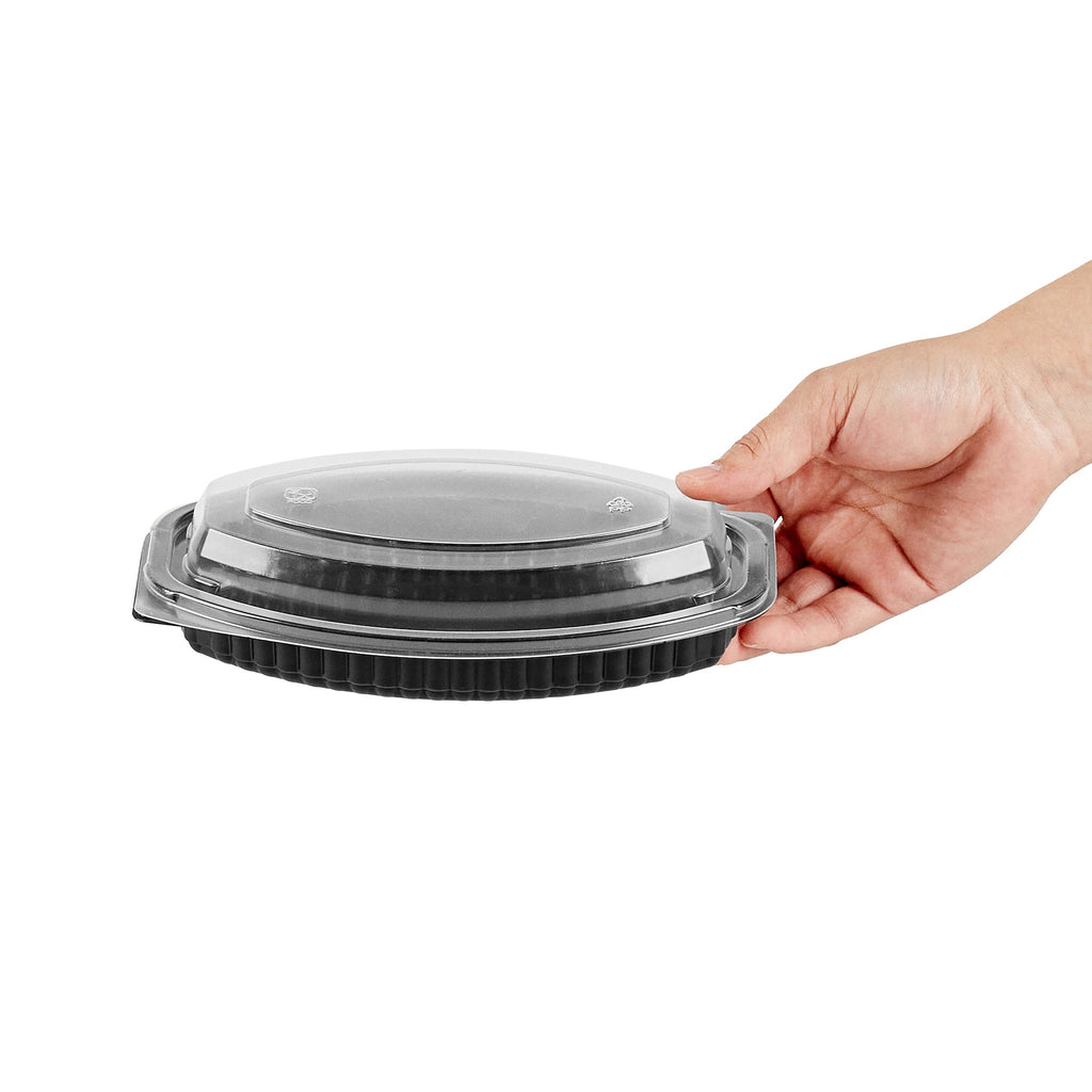 Chef 101 12 oz Oval Black Plastic Food Container - with Clear Lid, Microwavable - 8" x 5 1/2" x 2" - 100 count box