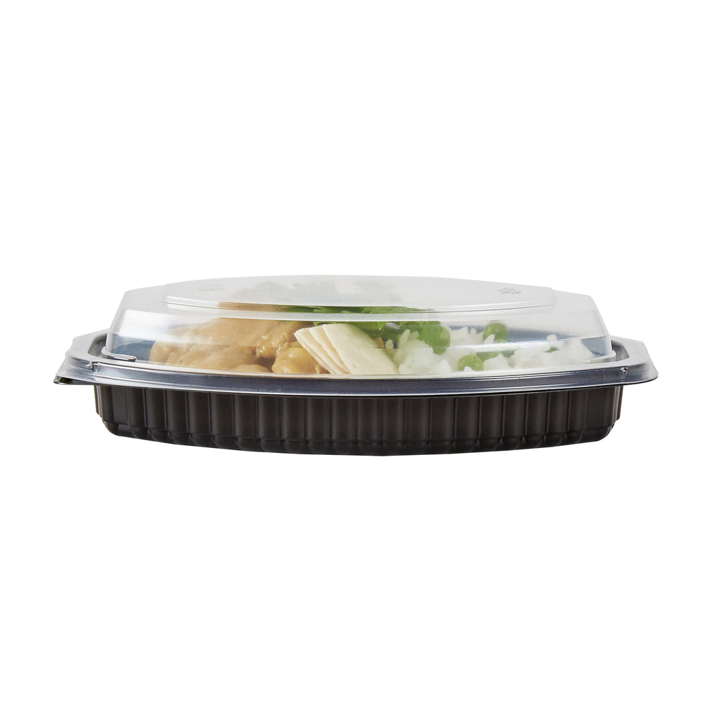 Chef 101 12 oz Oval Black Plastic Food Container - with Clear Lid, Microwavable - 8" x 5 1/2" x 2" - 100 count box