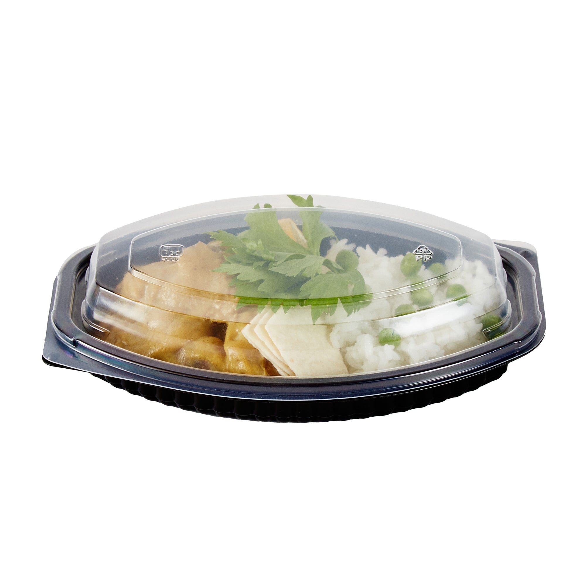 Chef 101 12 oz Oval Black Plastic Food Container - with Clear Lid, Microwavable - 8" x 5 1/2" x 2" - 100 count box