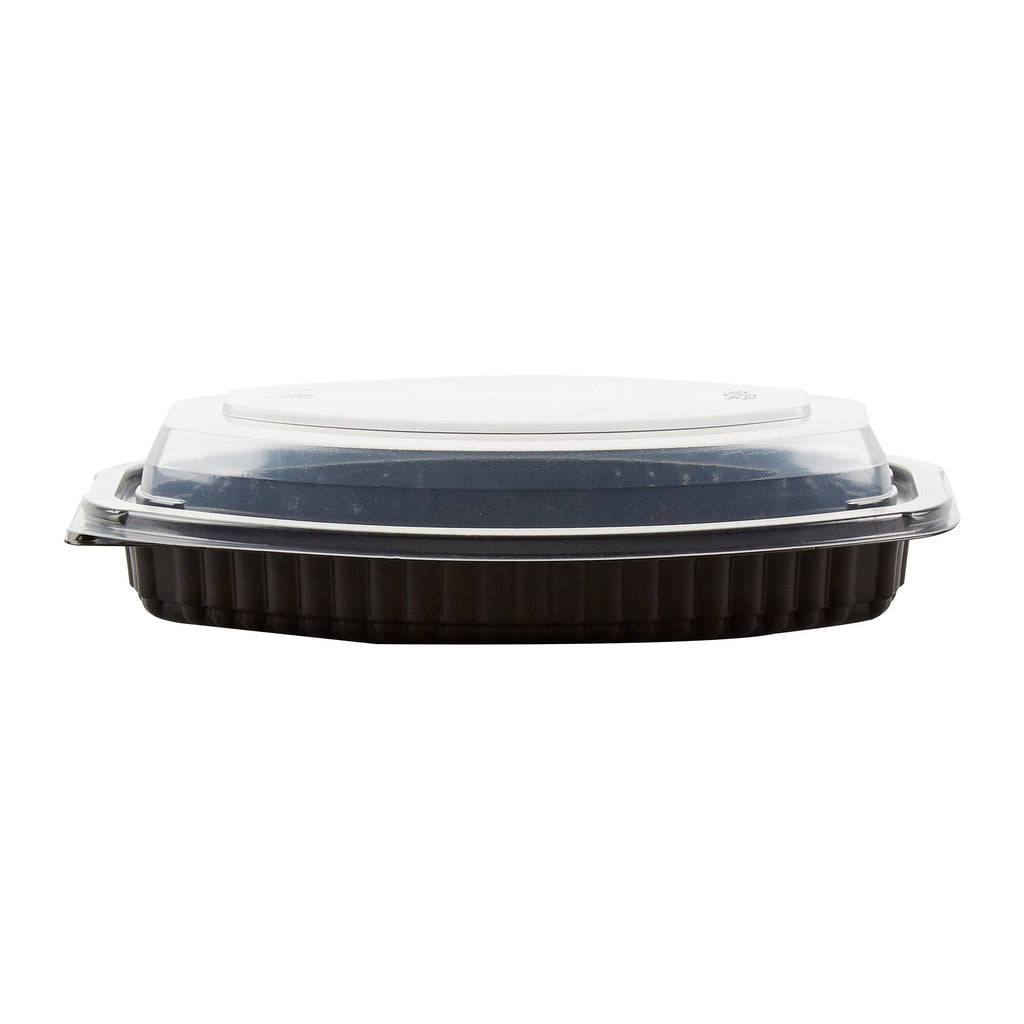 Chef 101 12 oz Oval Black Plastic Food Container - with Clear Lid, Microwavable - 8" x 5 1/2" x 2" - 100 count box